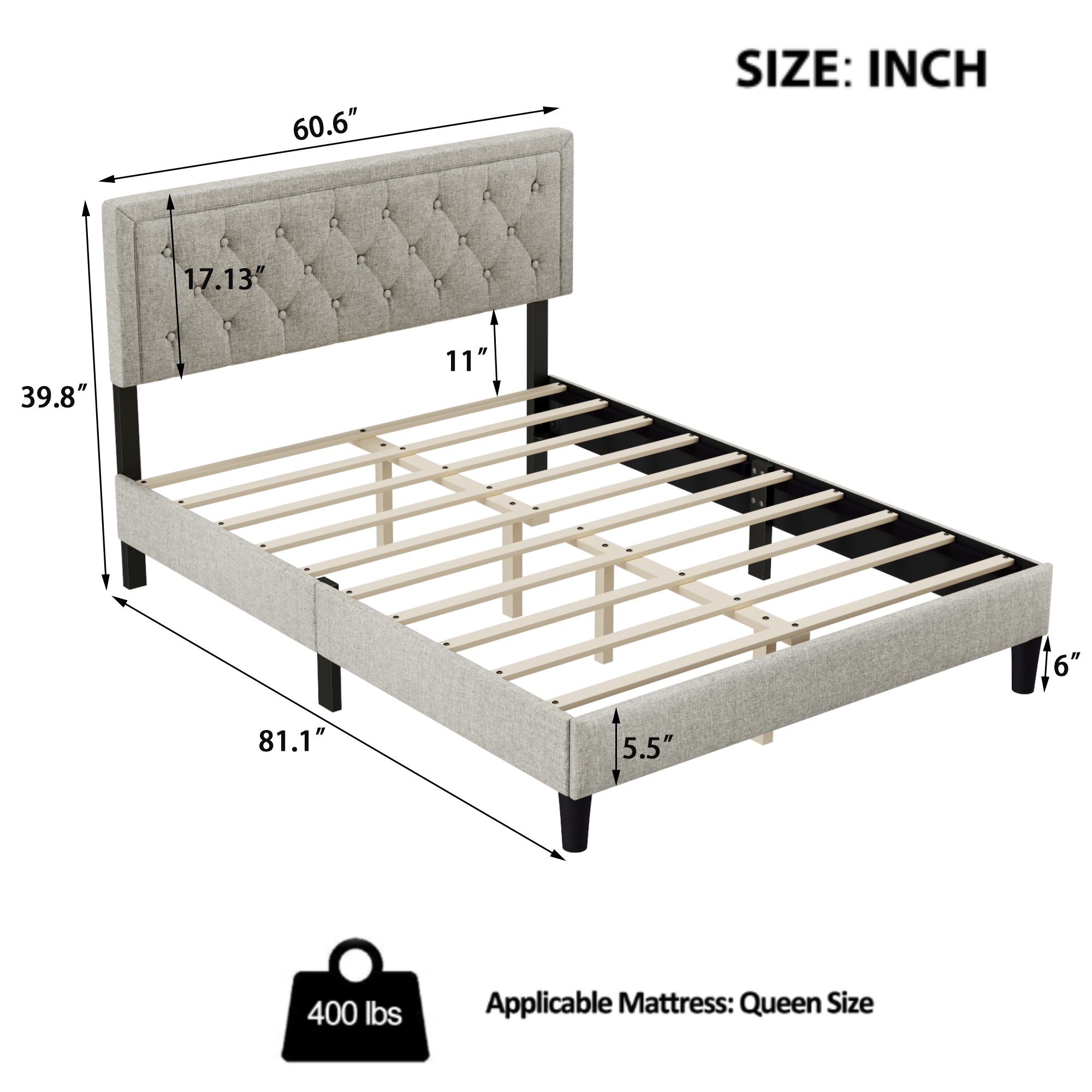 Queen size Panel Bed Frame with Adjustable Button-Tufted Headboard for Bedroom/Linen Upholstered/Wood Slat Support/Easy Assembly,Linen Beige
