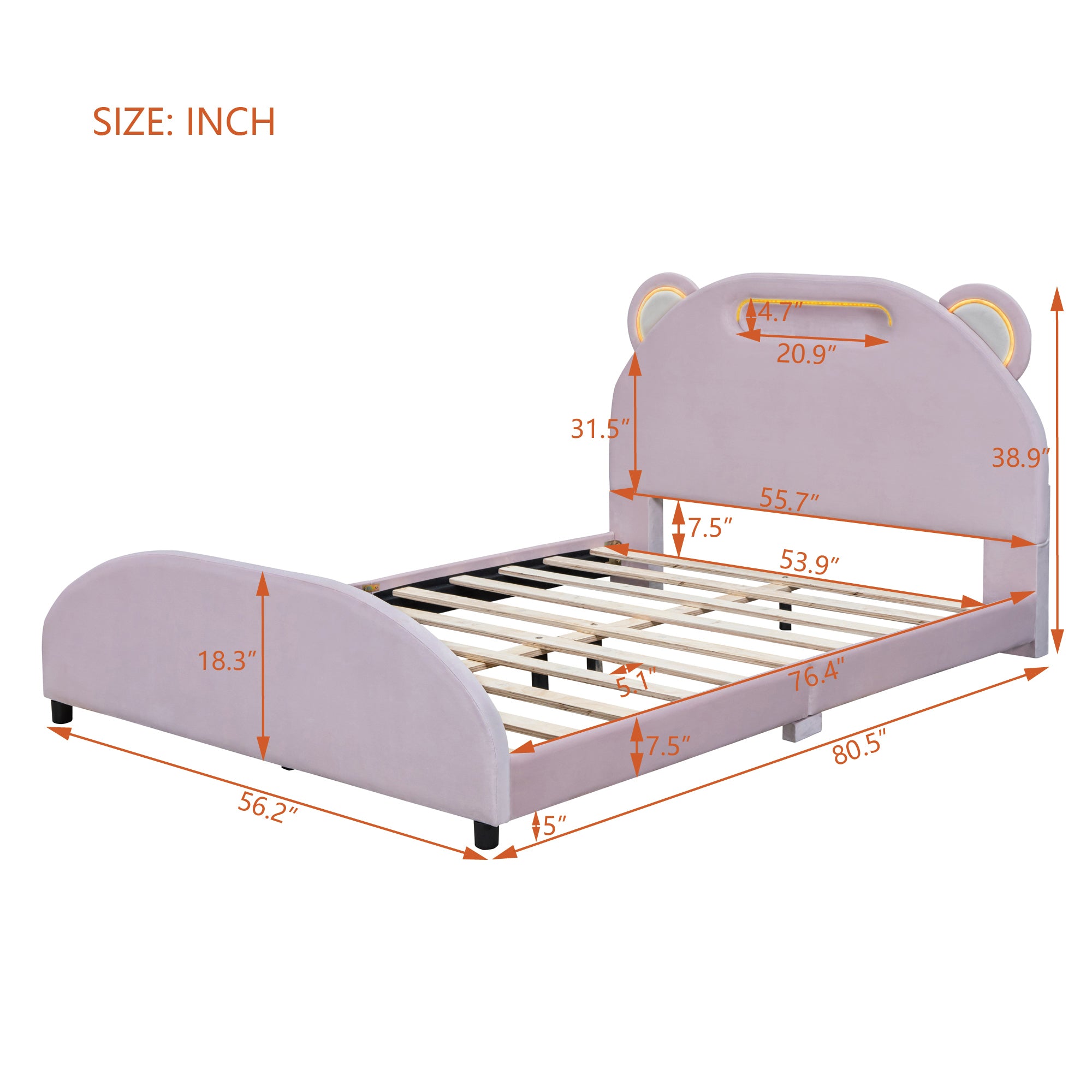 Full Size Upholstered Platform Bed with Bear-Shaped Headboard and Embedded Light Stripe, Velvet, Pink - Atlantic Fine Furniture Melbourne FL
