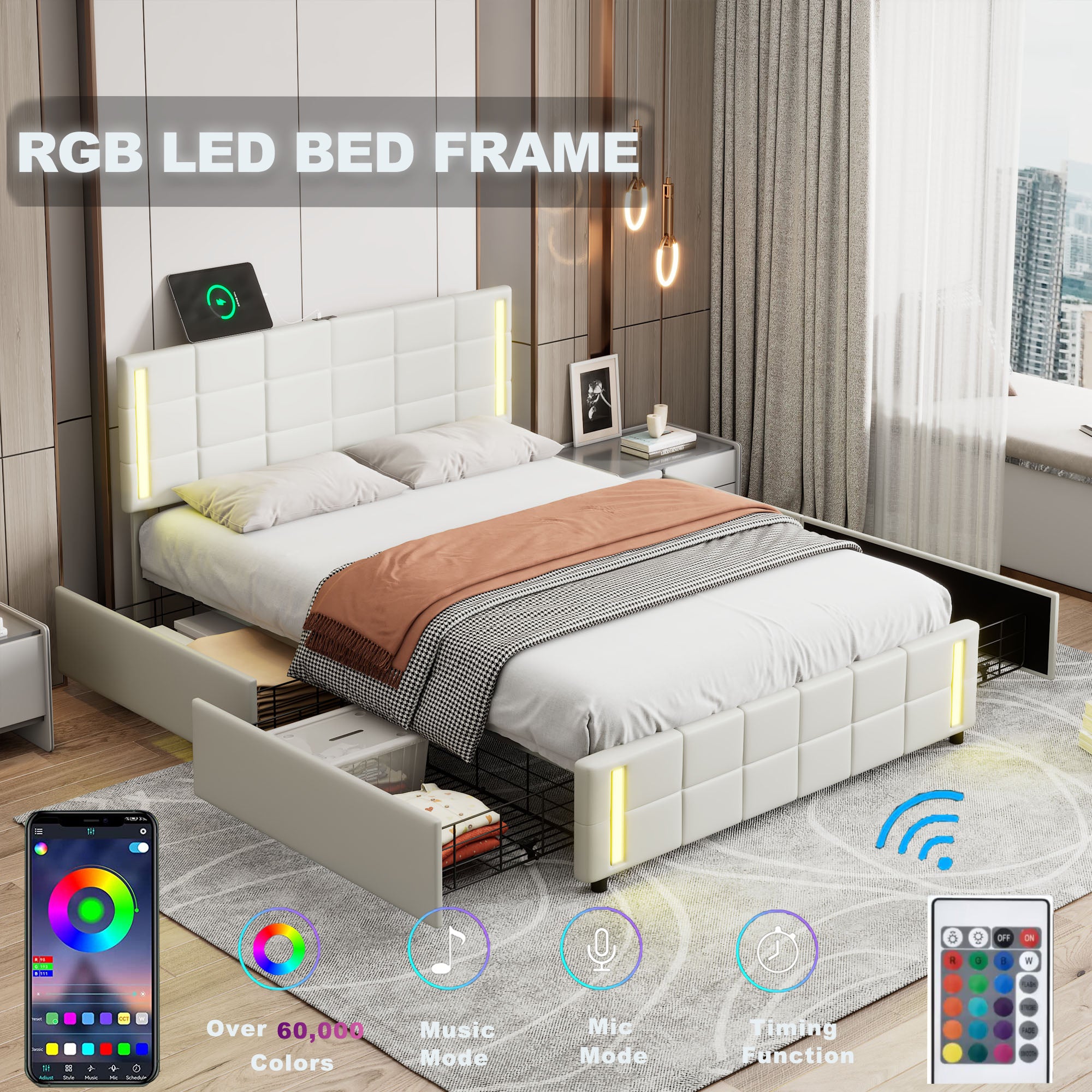 Queen Size Upholstered Platform Bed with LED Lights and USB Charging, Storage Bed with 4 Drawers, White - Atlantic Fine Furniture Melbourne FL