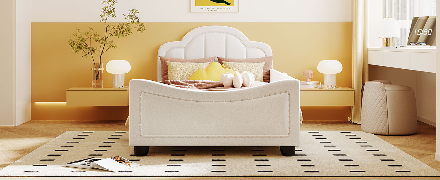 Twin Size Upholstered Daybed with Cloud Shaped Headboard, Embedded Elegant Copper Nail Design, Beige - Atlantic Fine Furniture Melbourne FL