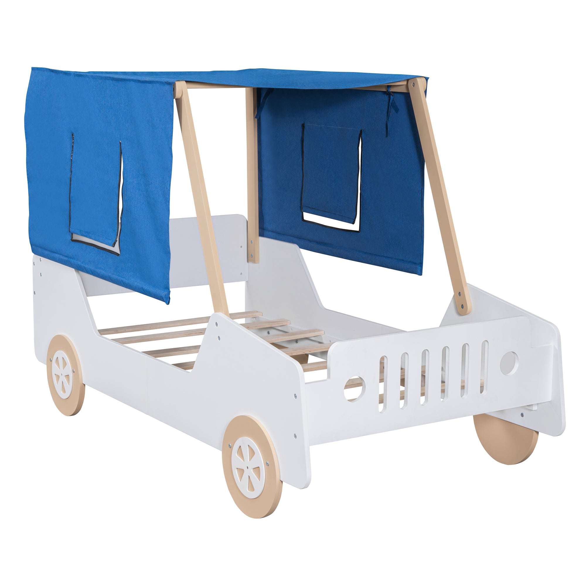 Twin Size Car Shaped Bed with Tents,White+Natural - Atlantic Fine Furniture Melbourne FL