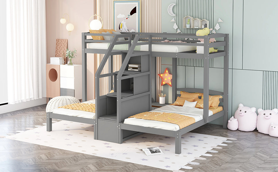 Twin over Twin & Twin Bunk Bed with Built-in Staircase and Storage Drawer,Gray - Atlantic Fine Furniture Melbourne FL