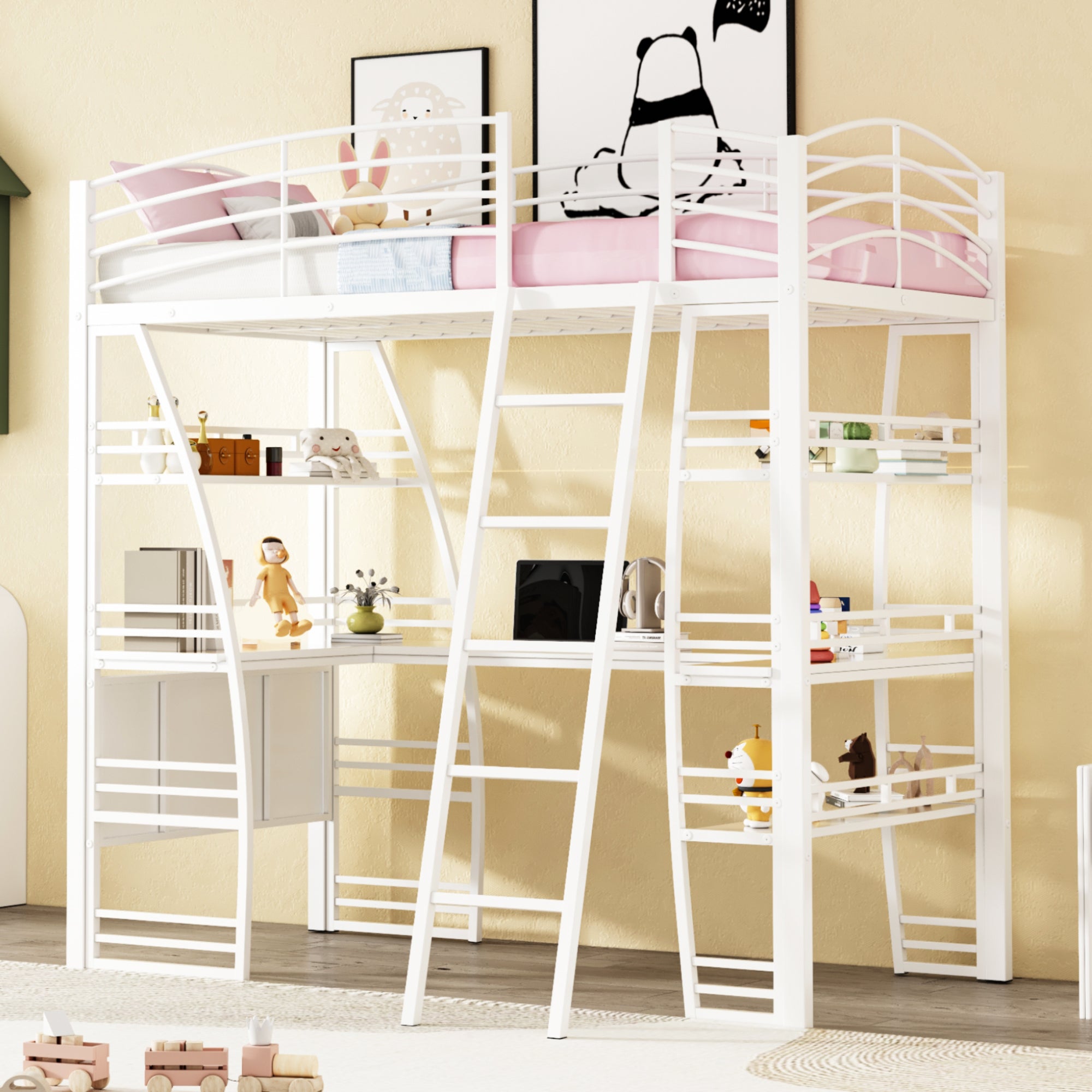 Twin Size Loft Bed with 4 Layers of Shelves and L-shaped Desk, Stylish Metal Frame Bed with a set of Sockets, USB Ports and and Wireless Charging, White - Atlantic Fine Furniture Melbourne FL
