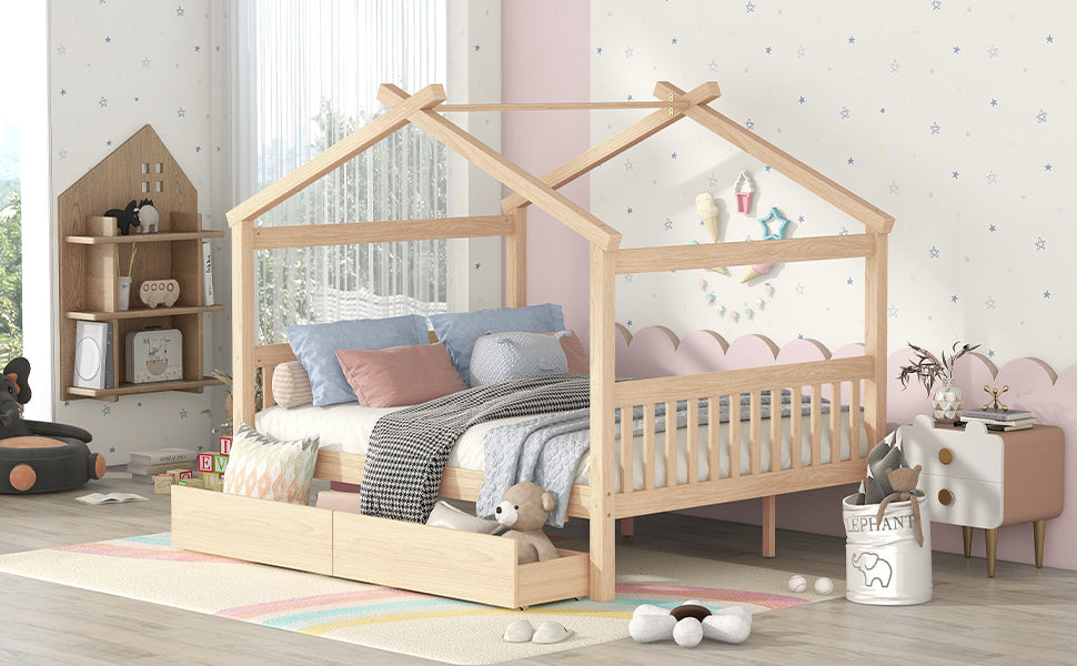 Full Size Wooden House Bed with Drawers, Natural - Atlantic Fine Furniture Melbourne FL