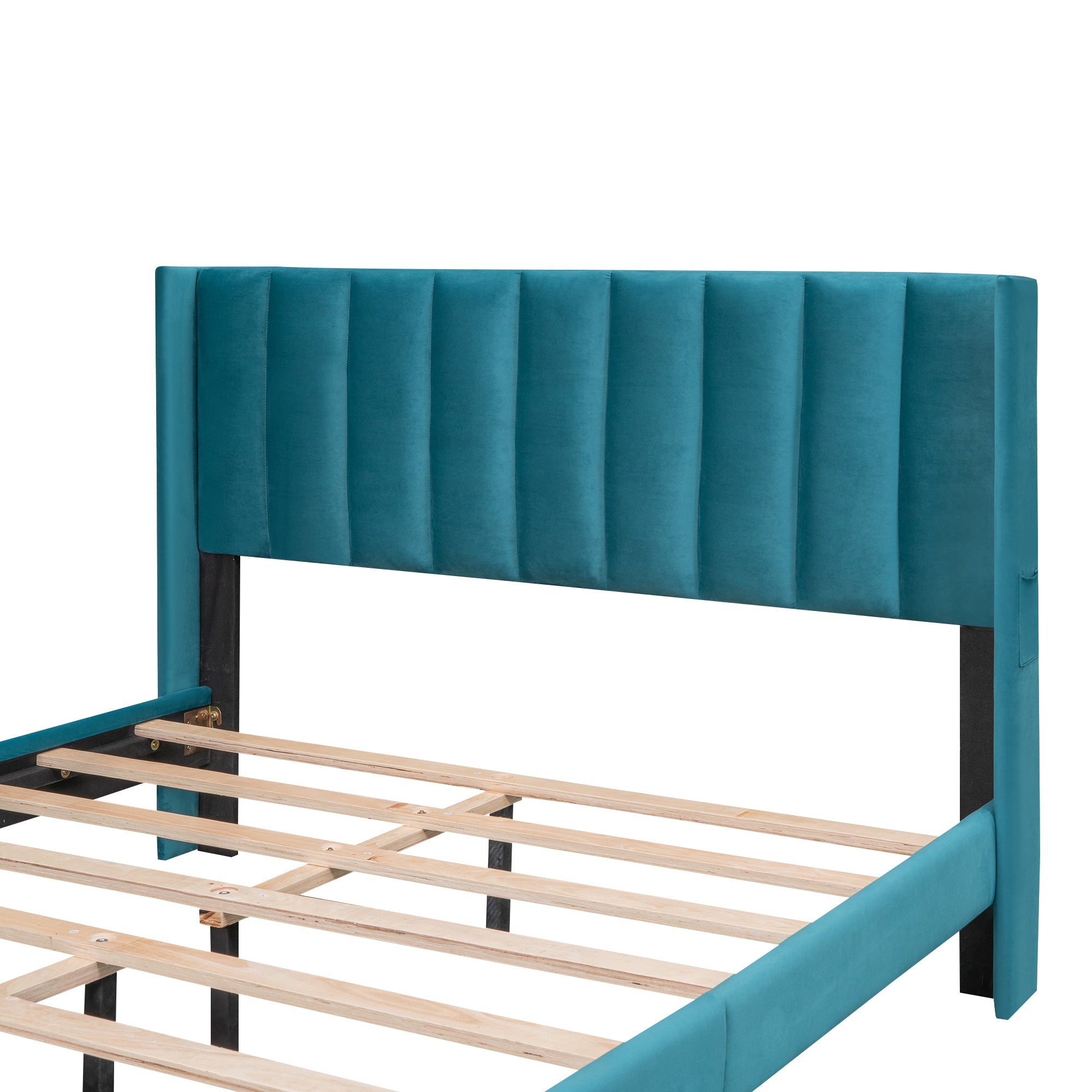 Queen Size Storage Bed Velvet Upholstered Platform Bed with a Big Drawer - Blue - Atlantic Fine Furniture Melbourne FL
