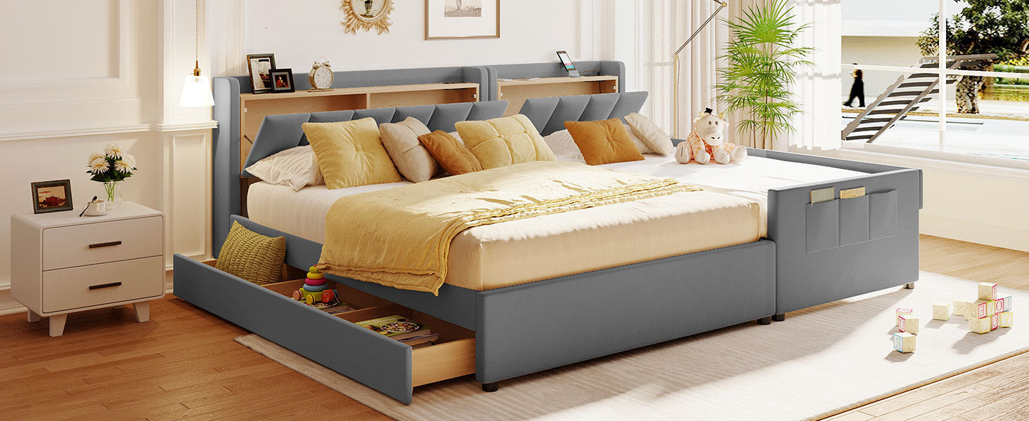 Queen Size & Twin XL Size Upholstered Platform Bed, Mother & Child Bed with Hydraulic Storage System, Drawer Box, Bedhead storage shelf and Two pairs of sockets & USB Ports, PU Leather, Gray - Atlantic Fine Furniture Melbourne FL