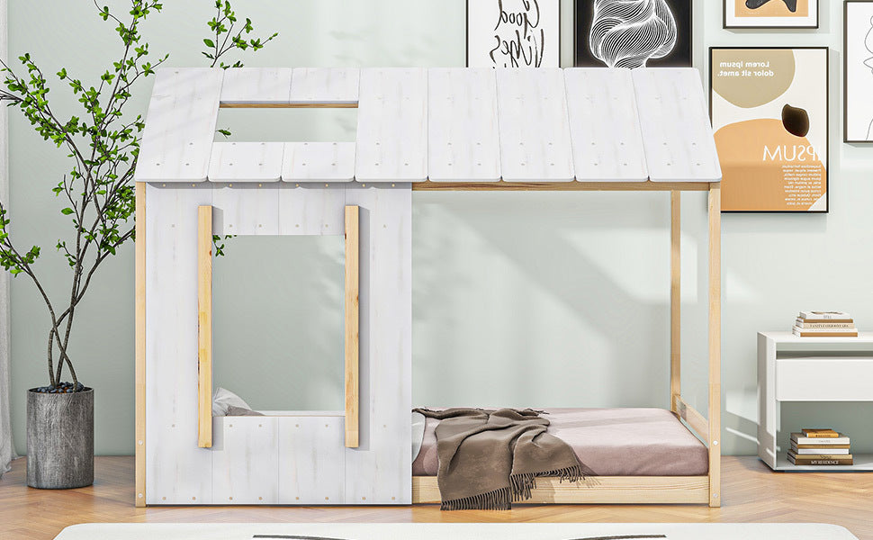 Twin Size House Platform with Roof and Window , White+Natural - Atlantic Fine Furniture Melbourne FL