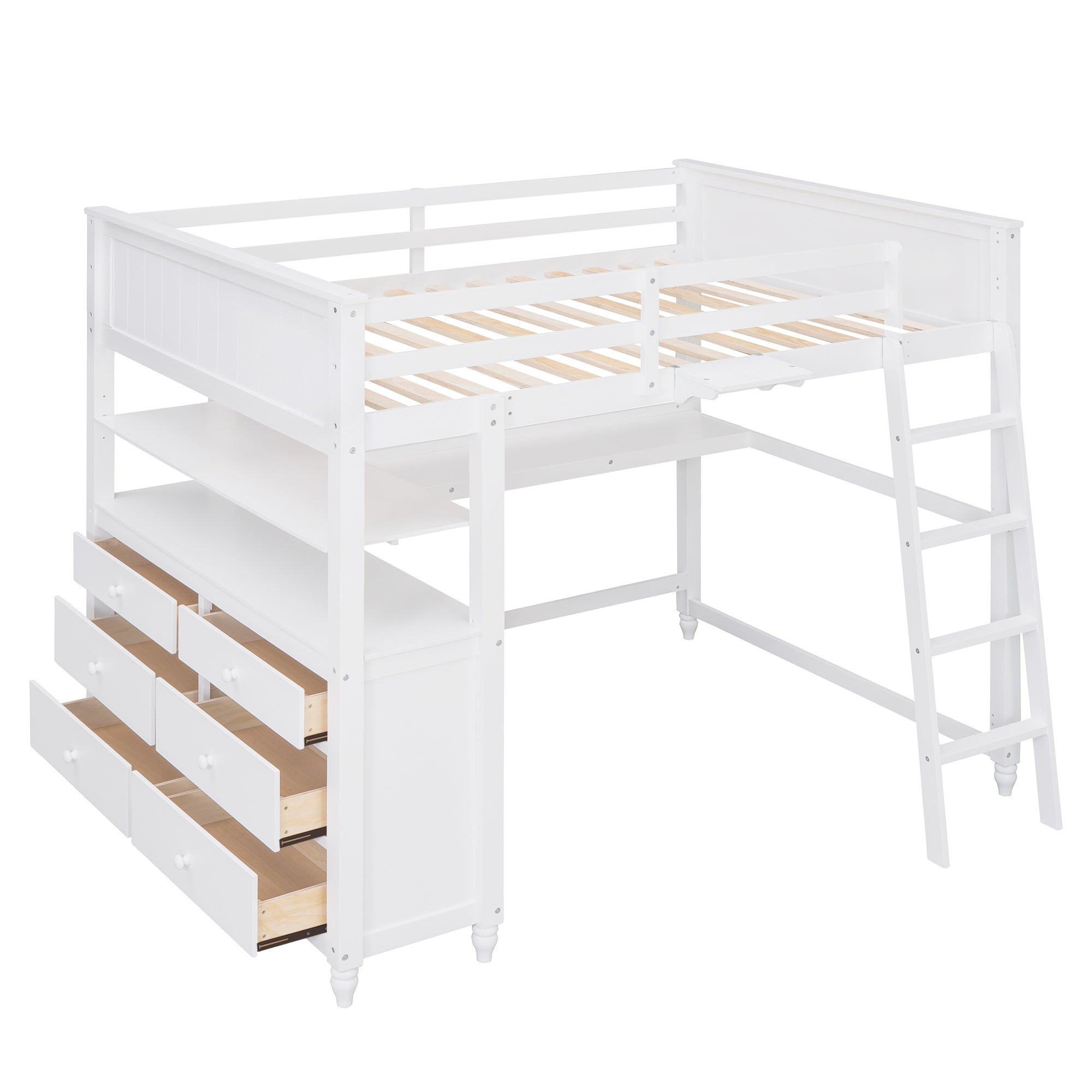 Full size Loft Bed with Drawers and Desk, Wooden Loft Bed with Shelves - White(OLD SKU:LT001529AAK) - Atlantic Fine Furniture Melbourne FL