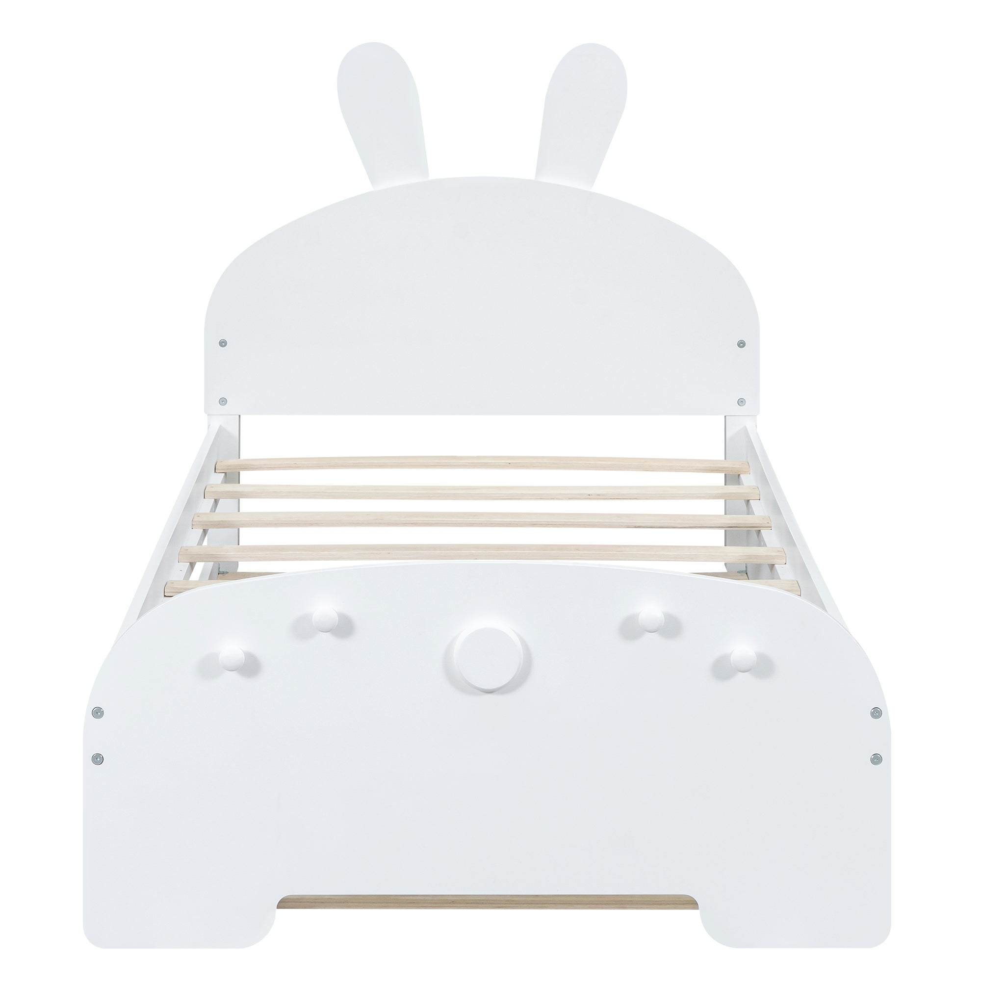 Wood Twin Size Platform Bed with Cartoon Ears Shaped Headboard and Trundle, White - Atlantic Fine Furniture Melbourne FL