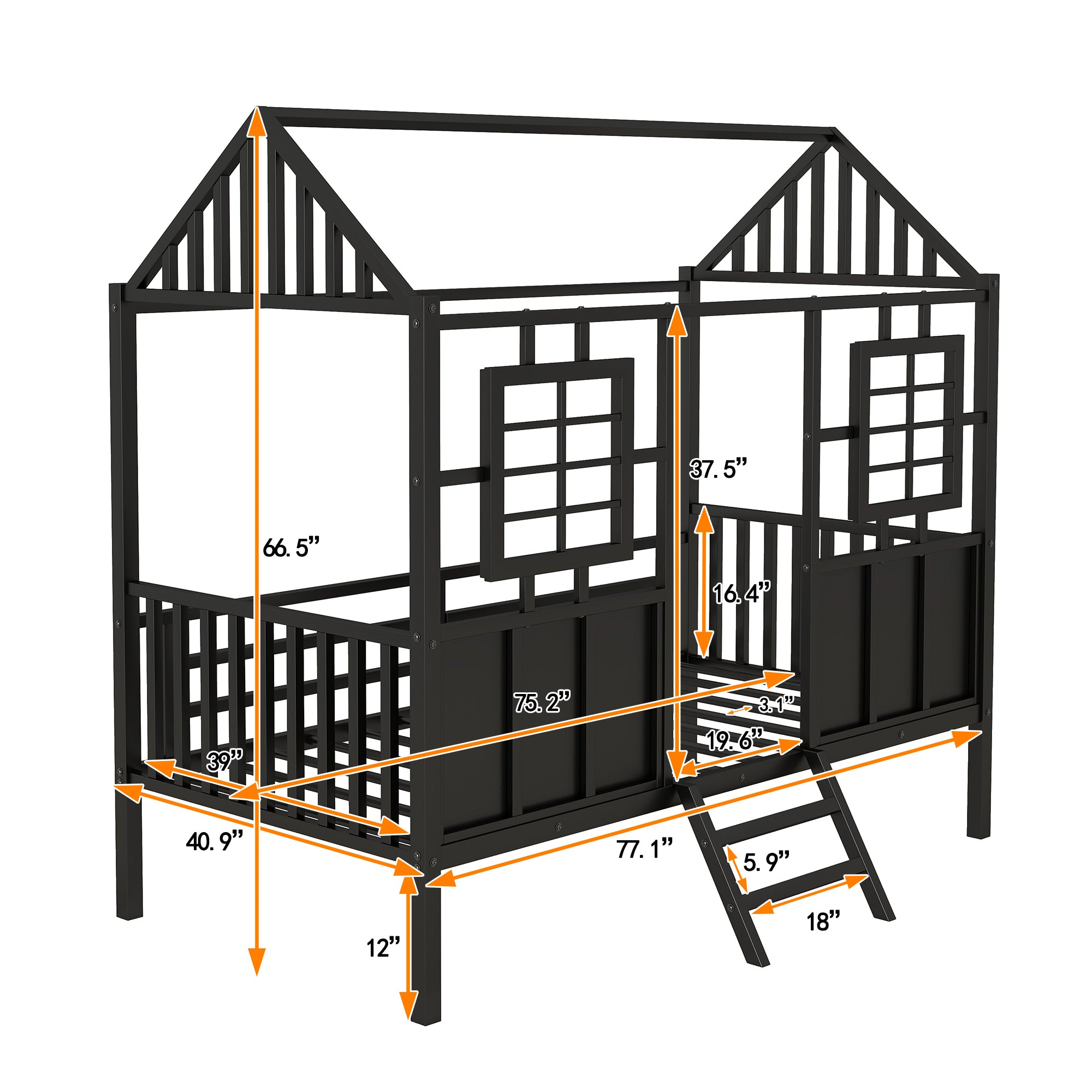 Twin Size Metal Low Loft House Bed with Roof and Two Front Windows , Black - Atlantic Fine Furniture Melbourne FL