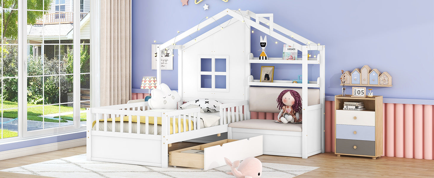 Twin Size House Bed with Sofa, Kids Platform Bed with Two Drawers and Storage Shelf, White - Atlantic Fine Furniture Melbourne FL