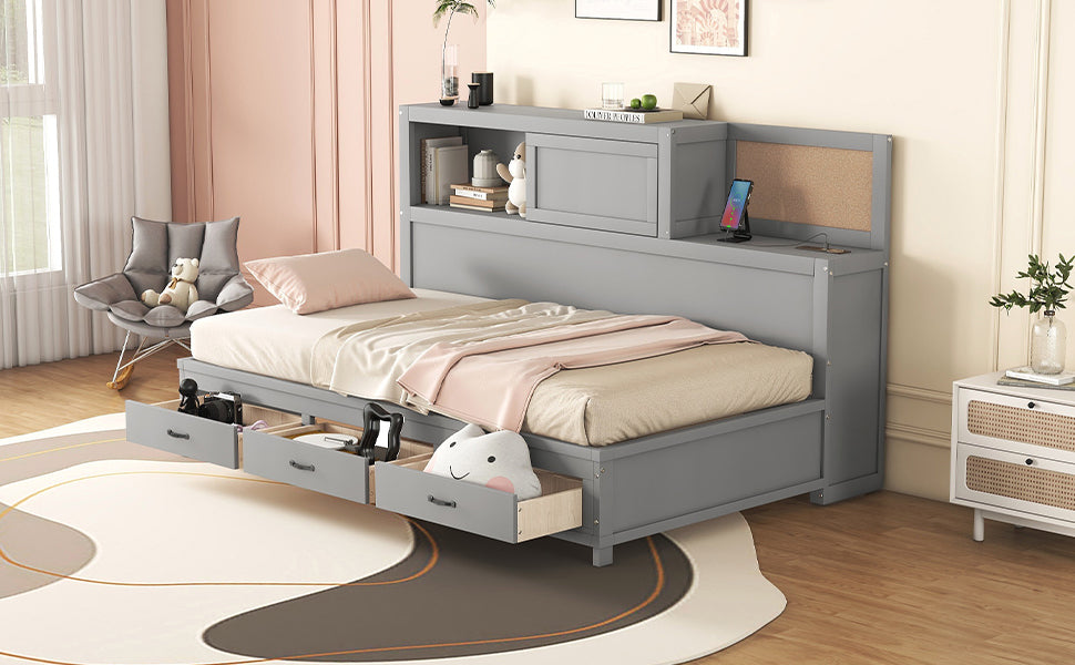 Twin Size Wooden Daybed with 3 Storage Drawers, Upper Soft Board, shelf, and a set of Sockets and USB Ports, Gray - Atlantic Fine Furniture Melbourne FL