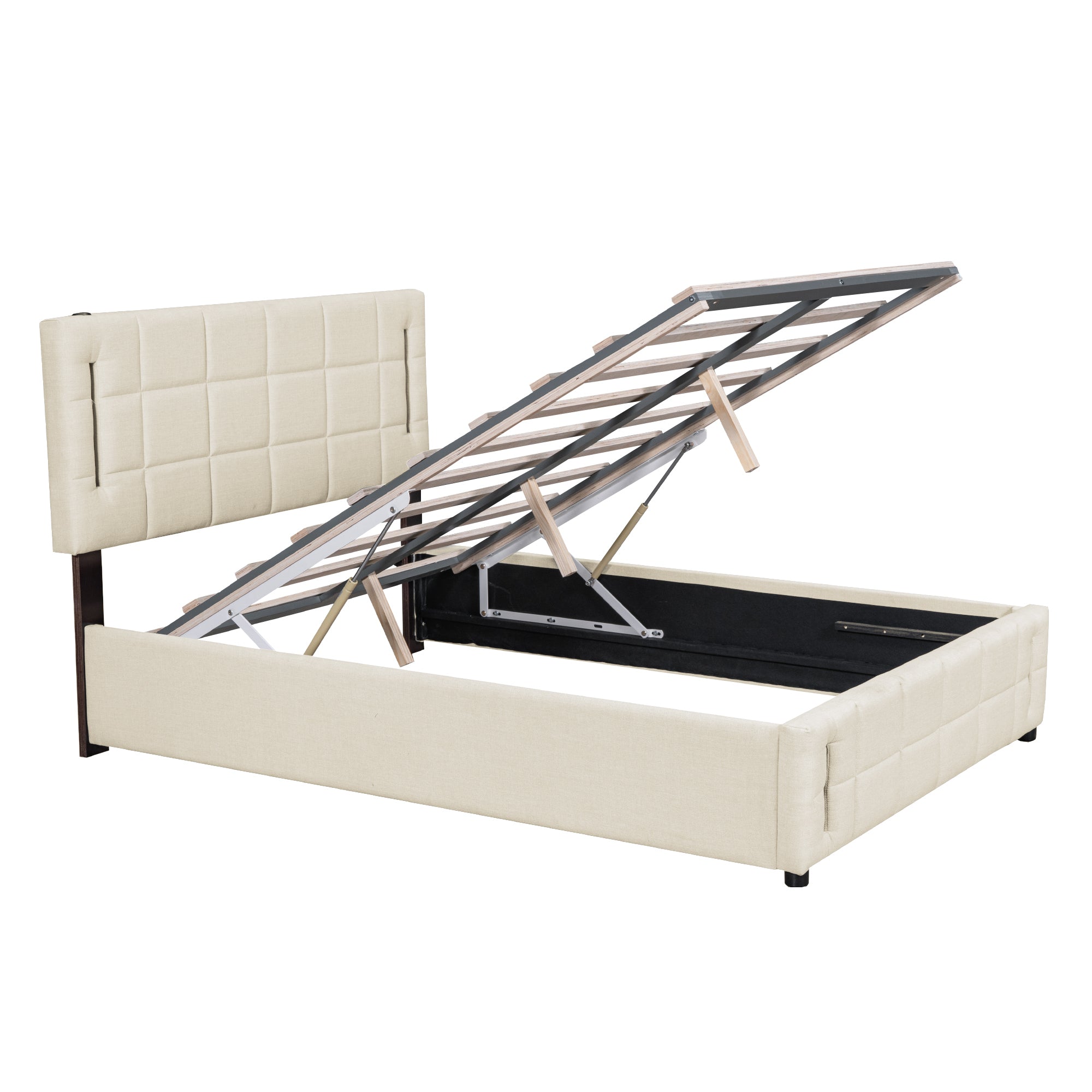 Full Size Upholstered Bed with Hydraulic Storage System and LED Light, Beige