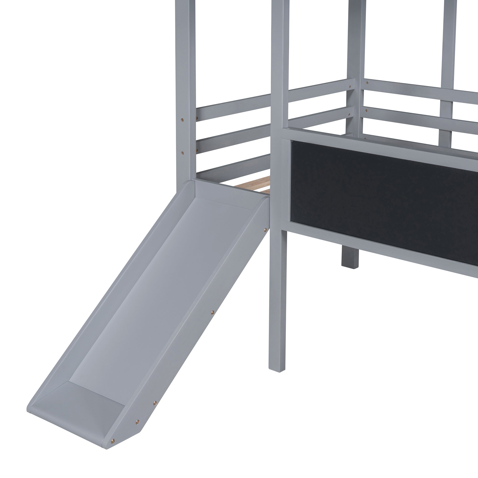Twin Size Loft Bed with Ladder and Slide, House Bed with Blackboard and Light Strip on the Roof, Gray - Atlantic Fine Furniture Melbourne FL