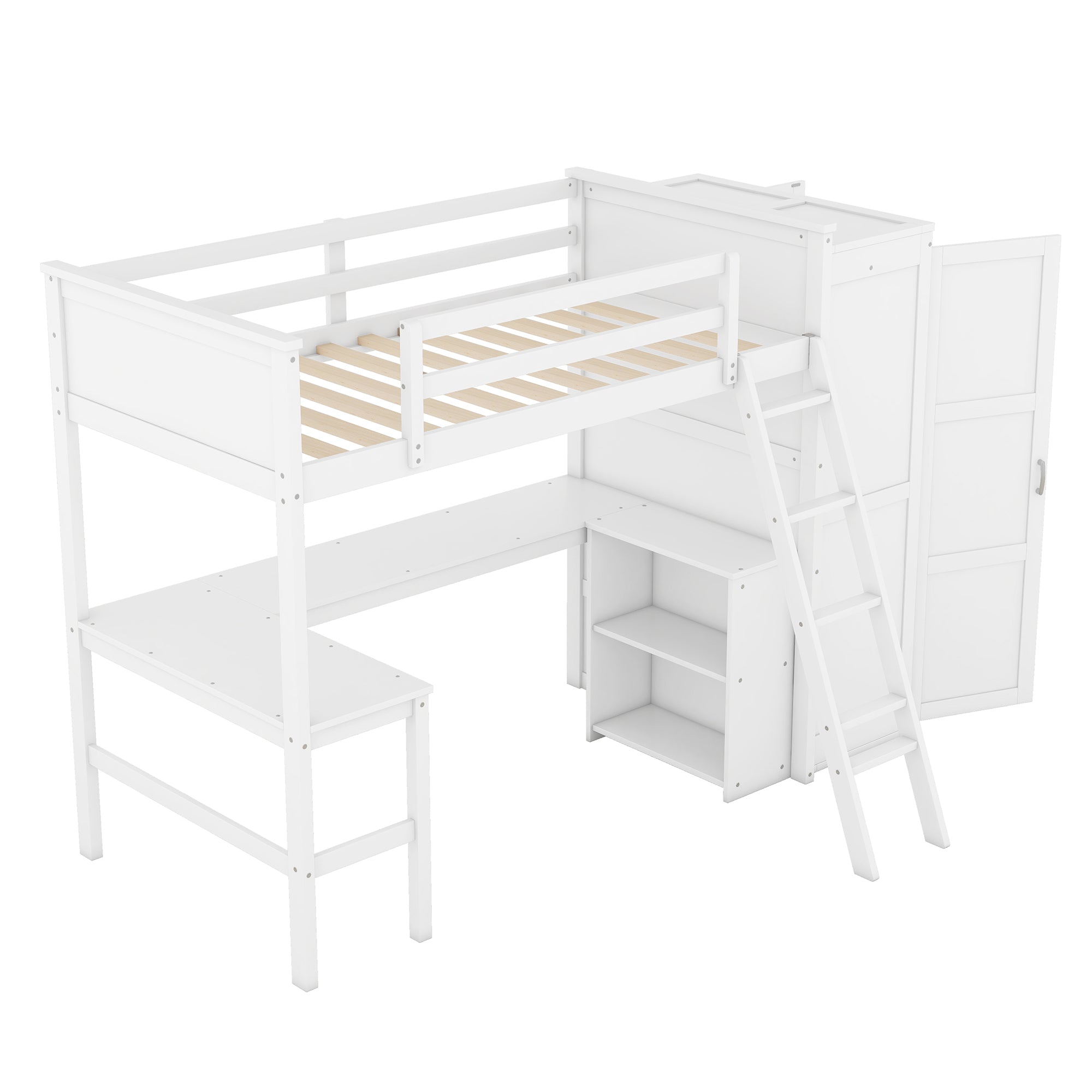 Twin size Loft Bed with Desk, Shelves and Wardrobe-White - Atlantic Fine Furniture Melbourne FL