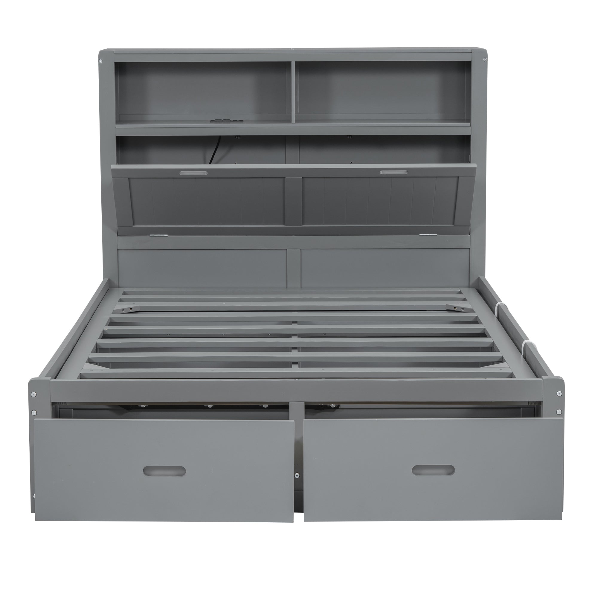 Wood Queen Size Hydraulic Platform Bed with Storage LED Headboard, Charging Station and 2 Drawers, Gray - Atlantic Fine Furniture Melbourne FL