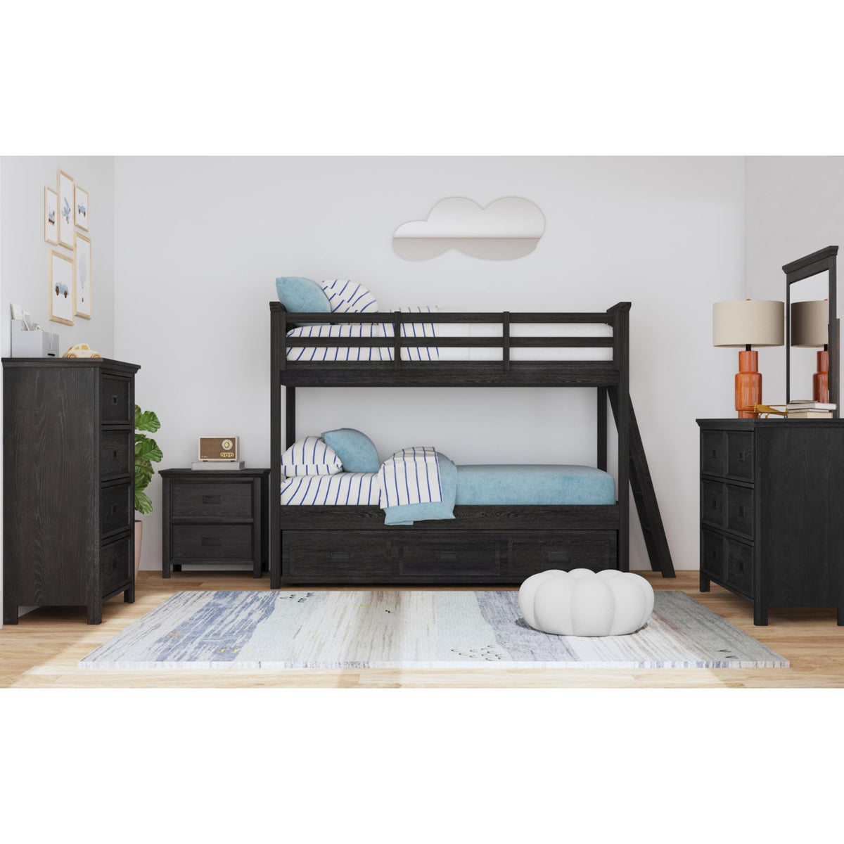 Hampton Kids Bunk With Ladder And Trundle Bedroom Set in Black by Elements International, view 36