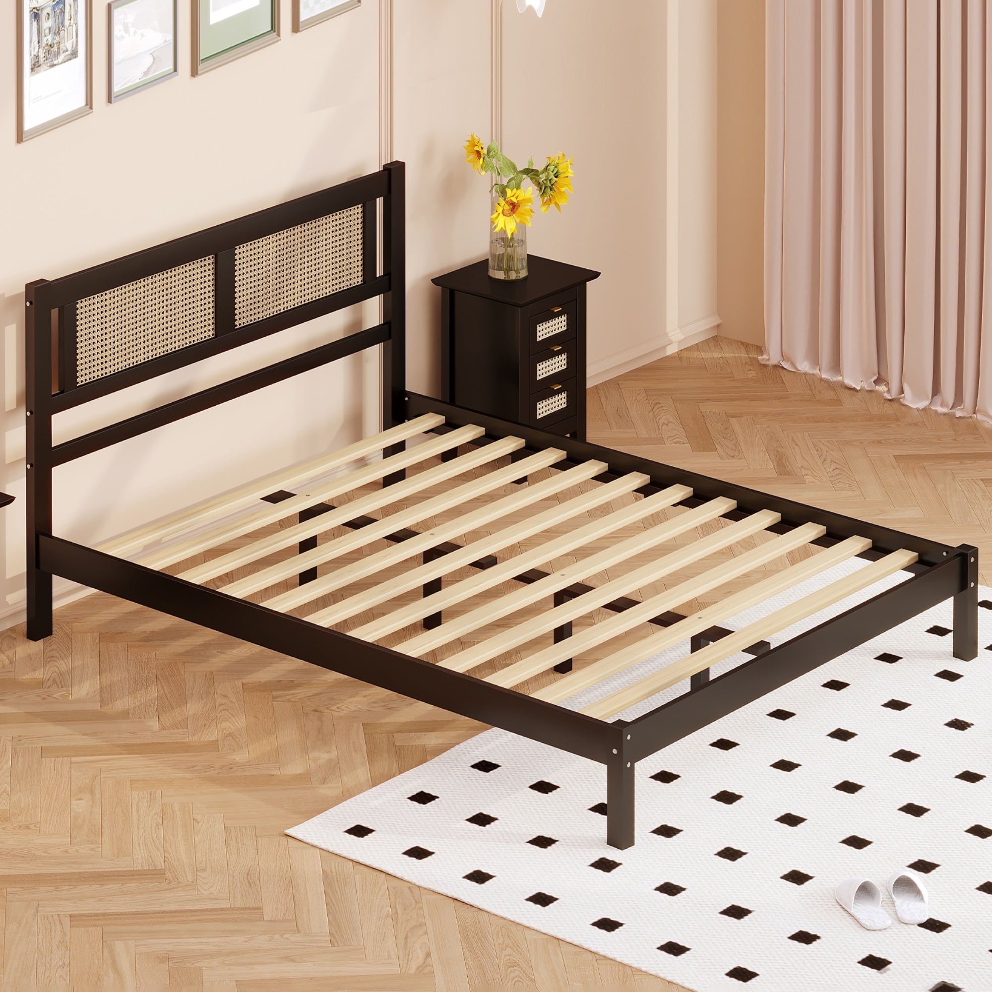 Queen Size Wooden Platform Bed with Natural Rattan Headboard, Exquisite Elegance with Minimalist Charm for Bedroom, Black - Atlantic Fine Furniture Melbourne FL
