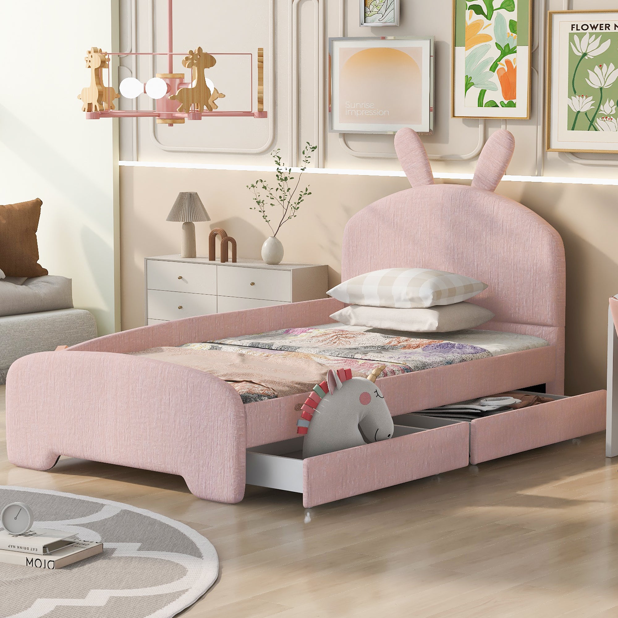 Twin Size Upholstered Platform Bed with Cartoon Ears Shaped Headboard and 2 Drawers, Pink - Atlantic Fine Furniture Melbourne FL