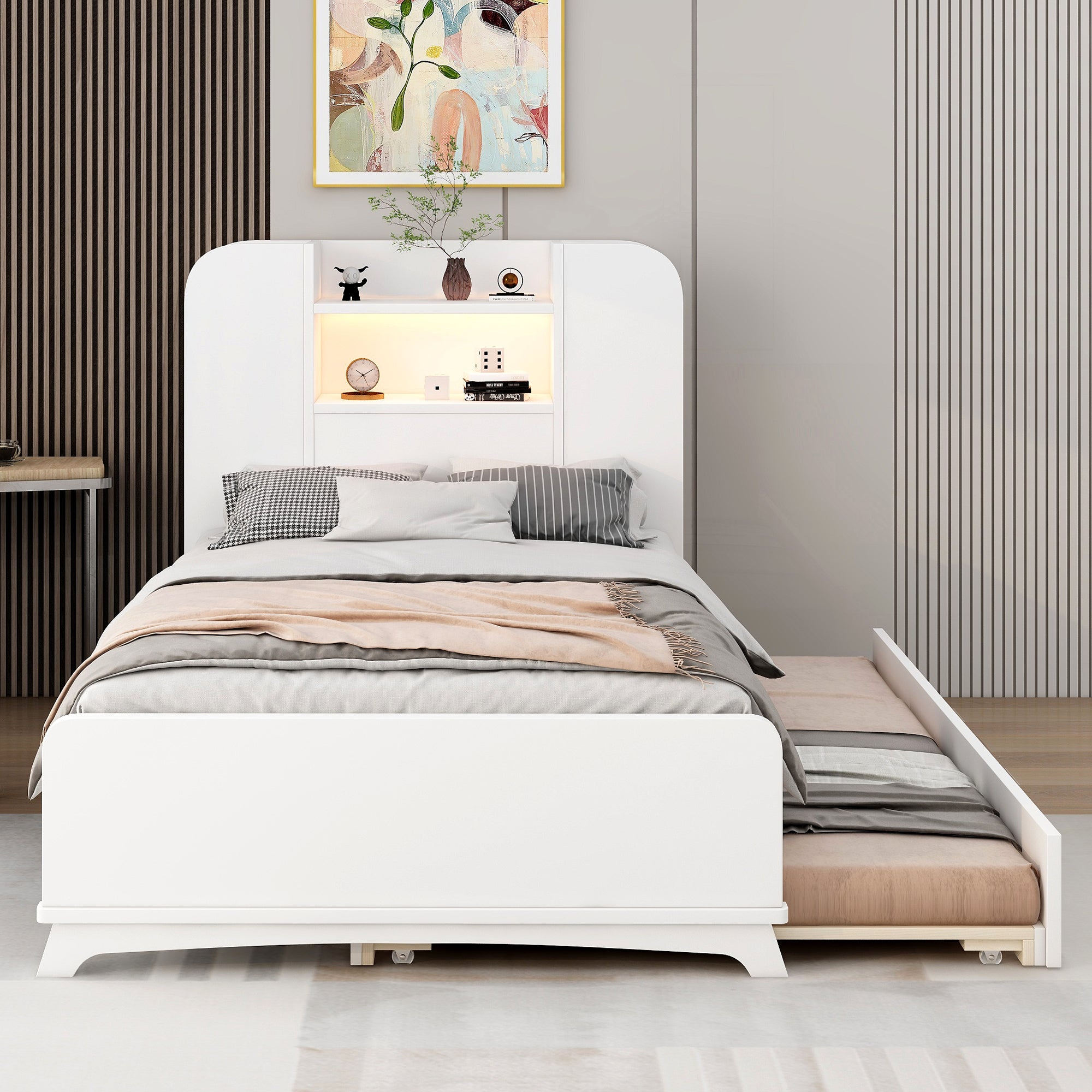 Twin Size Storage Platform Bed Frame with with Trundle and Light Strip Design in Headboard,White - Atlantic Fine Furniture Melbourne FL
