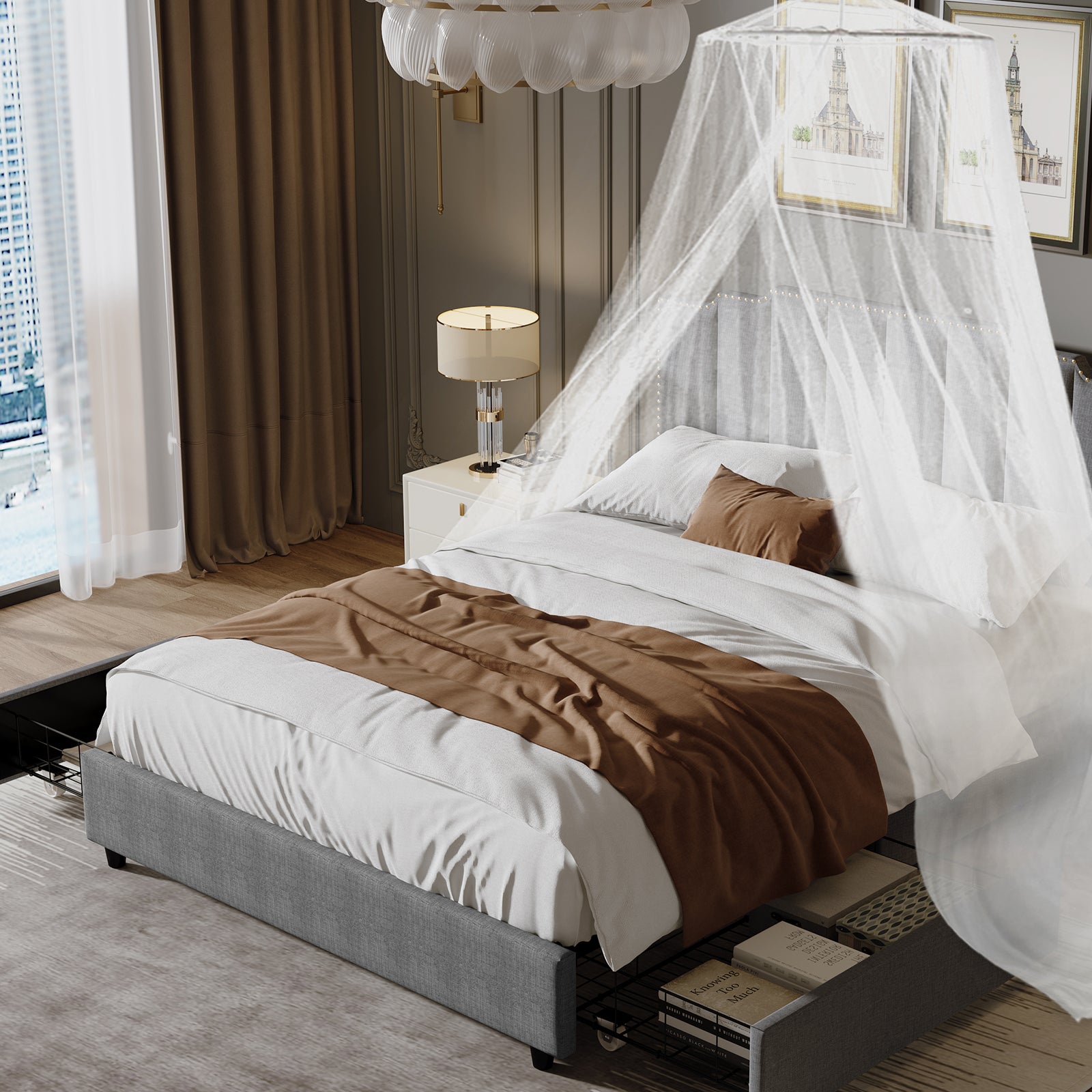 Queen Size Upholstered Platform Bed Linen Bed Frame with 2 Drawers Stitched Padded Headboard with Rivets Design Strong Bed Slats System No Box Spring Needed Grey - Atlantic Fine Furniture Melbourne FL