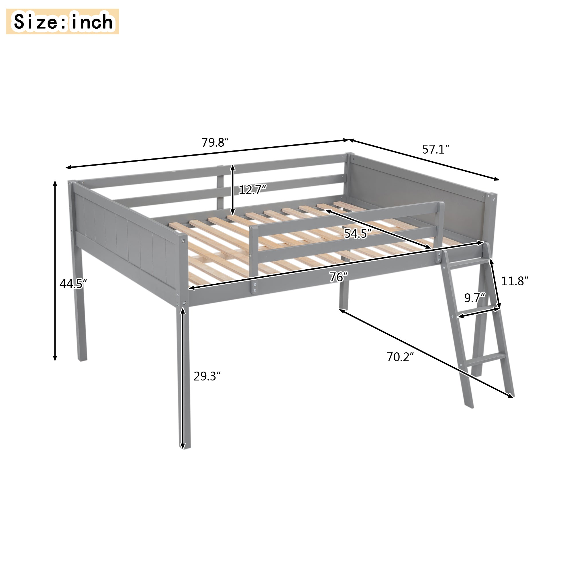 Full Size Wood Loft Bed with Ladder, ladder can be placed on the left or right, Gray - Atlantic Fine Furniture Melbourne FL
