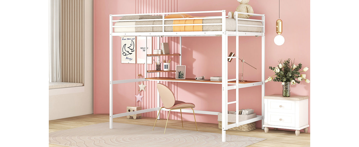 Full Metal Loft Bed with Desk and Shelve, White - Atlantic Fine Furniture Melbourne FL