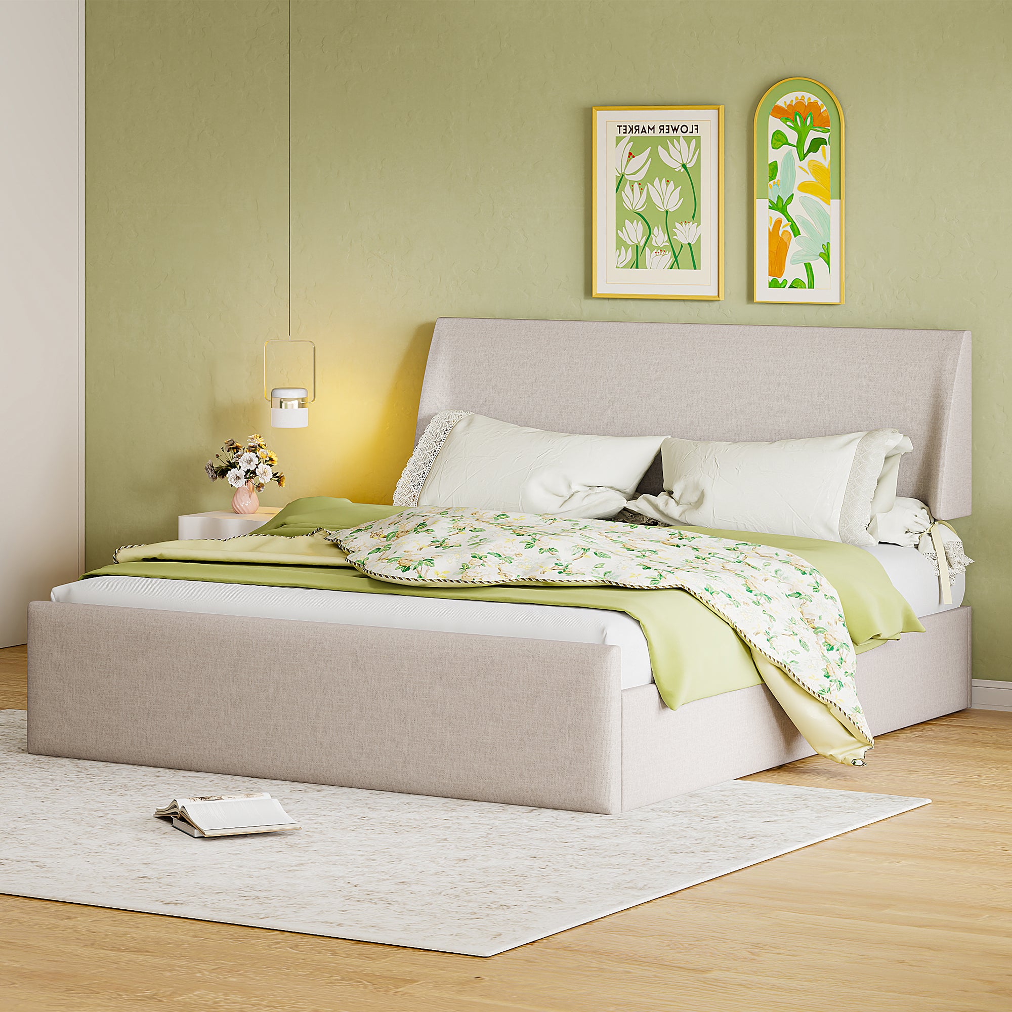 Full Size Sleigh Bed with Side-Tilt Hydraulic Storage System, Linen Upholstery, Beige - Atlantic Fine Furniture Melbourne FL
