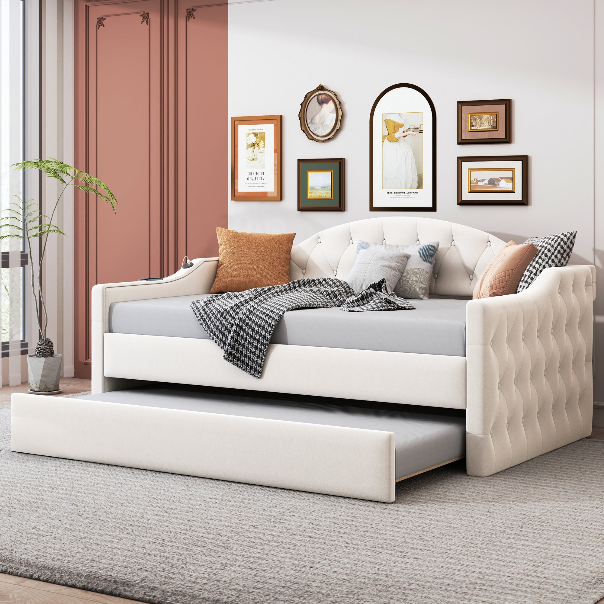 Twin Size Tufted Upholstered Daybed with Trundle ,Velvet Sofabed with USB&Type-C Charging Ports,No Box-spring Needed, Beige - Atlantic Fine Furniture Melbourne FL