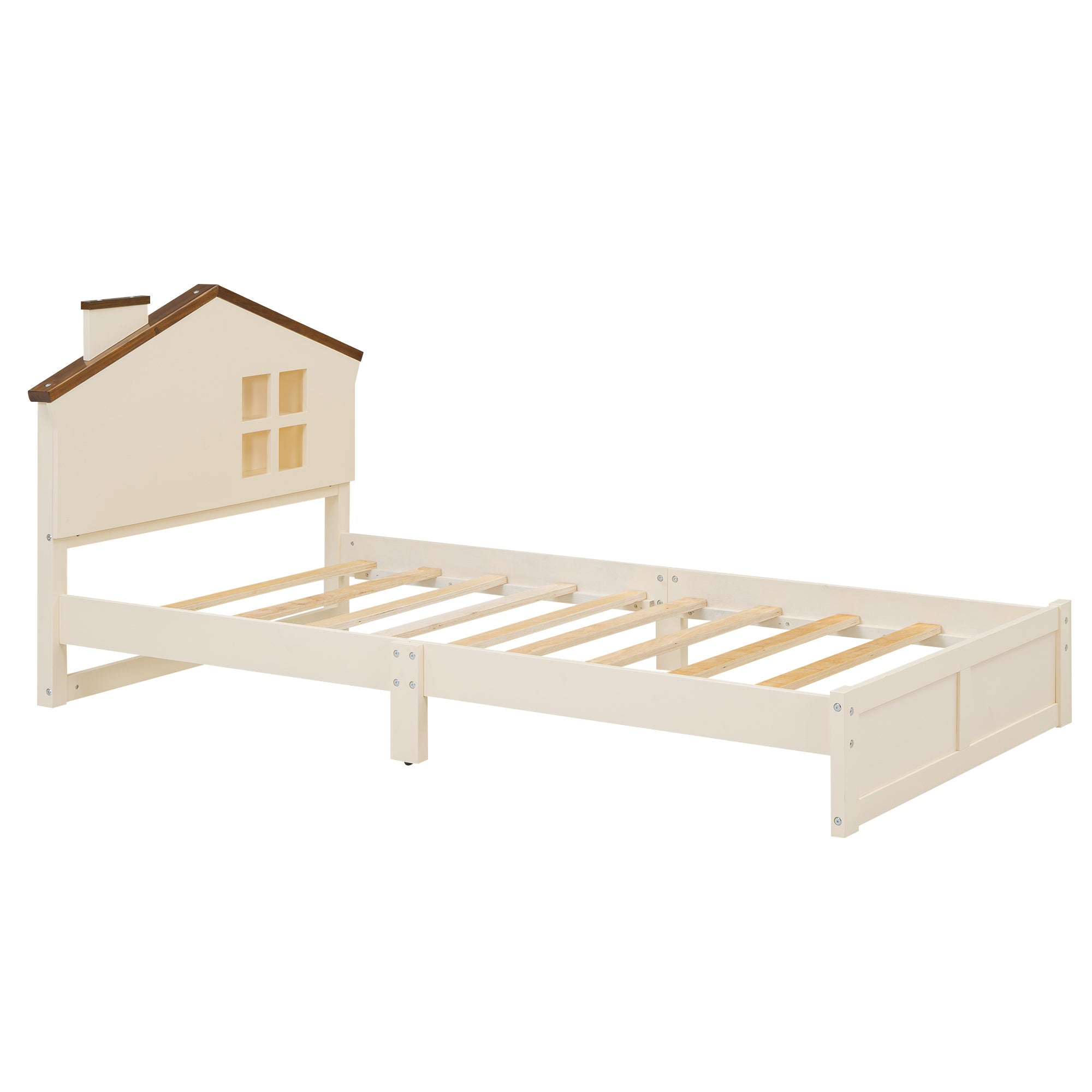 Twin Size Wood Platform Bed with House-shaped Headboard and Built-in LED, Walnut+Milk White - Atlantic Fine Furniture Melbourne FL