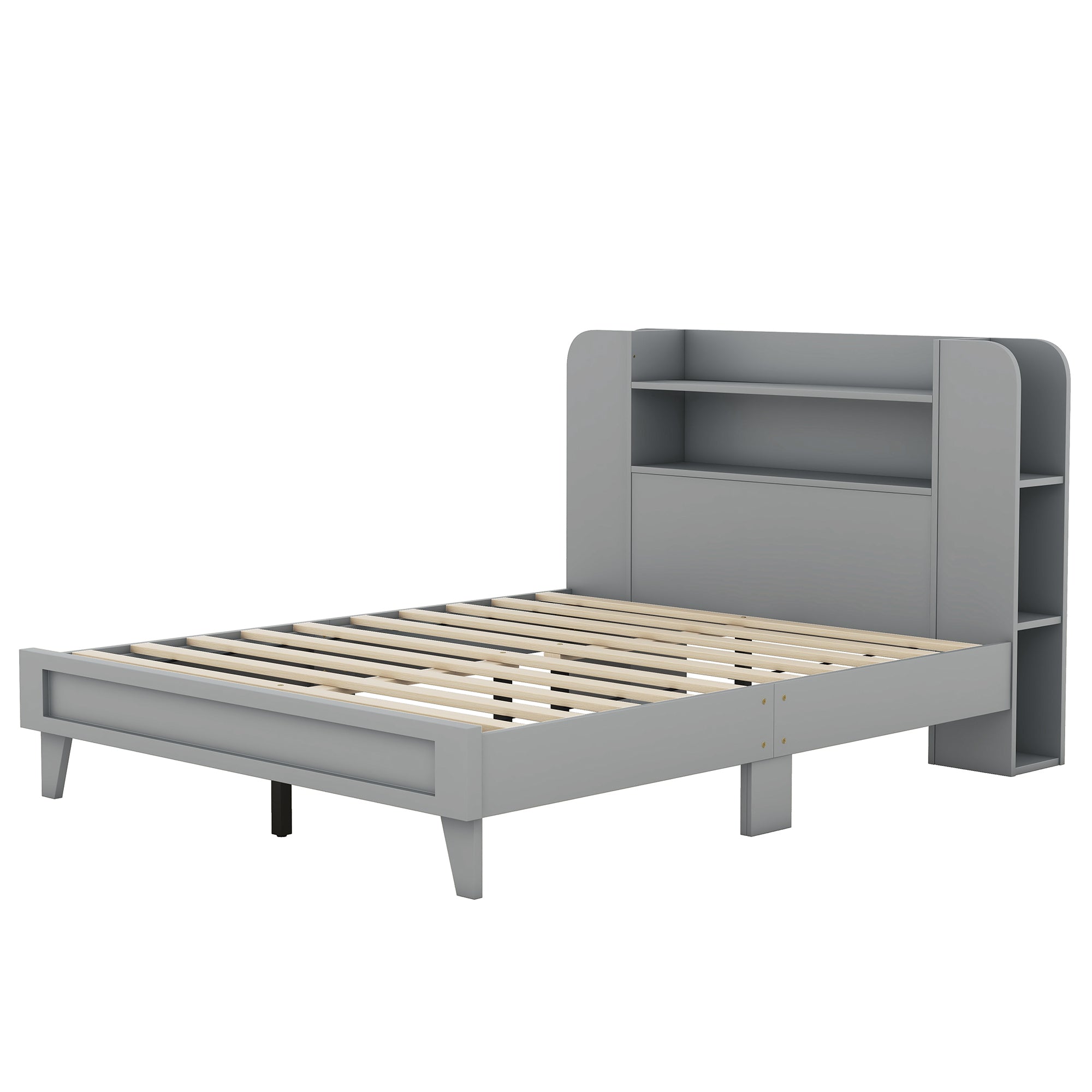 Full Size Platform Bed with Storage Headboard,Multiple Storage Shelves on Both Sides,Grey - Atlantic Fine Furniture Melbourne FL