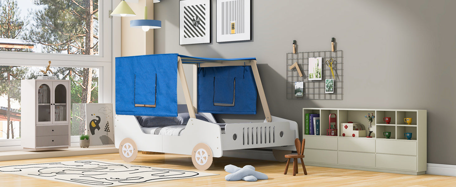Full Size Car Shaped Bed with Tents,White+Natural - Atlantic Fine Furniture Melbourne FL