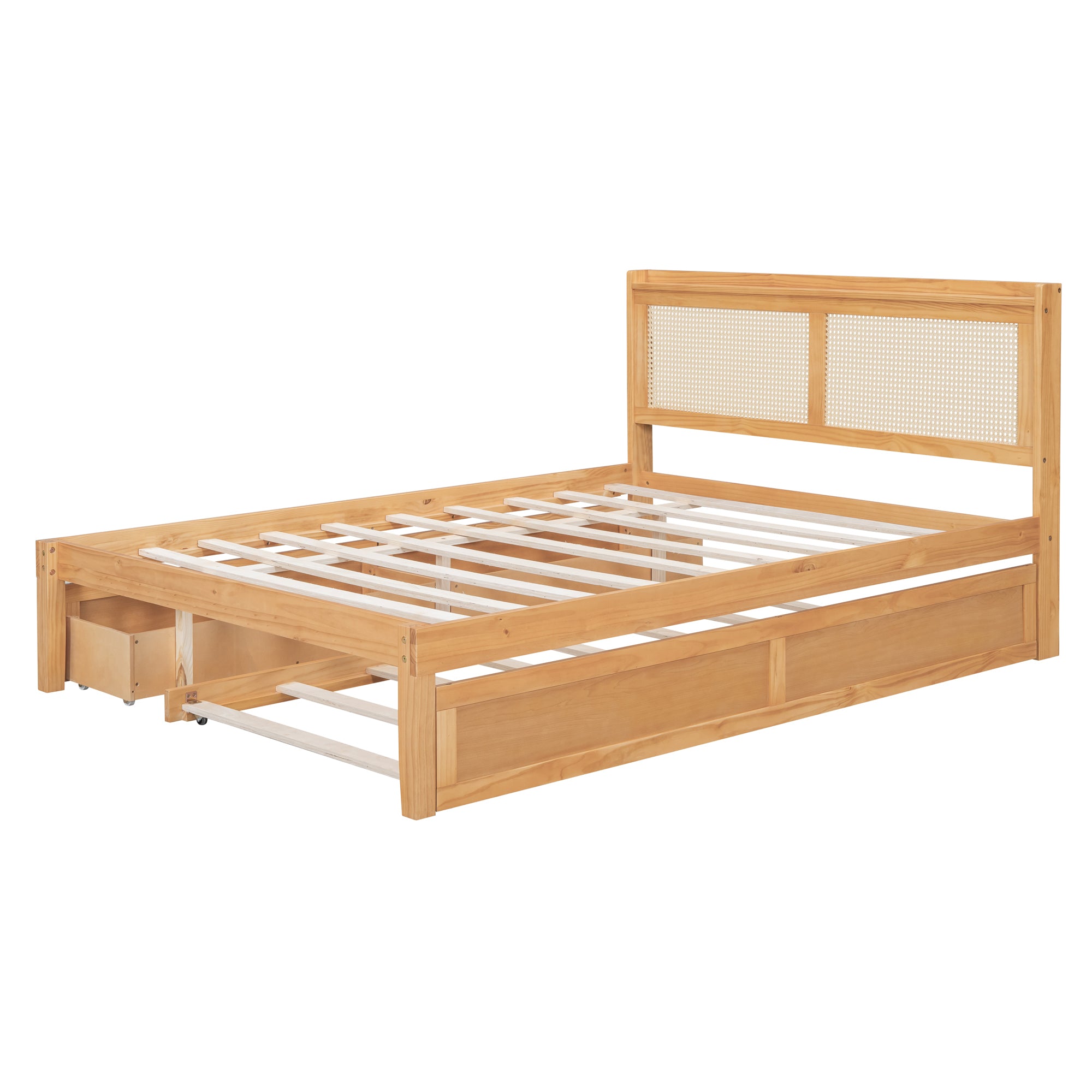 Queen Size Elegant Bed Frame with Rattan Headboard and Sockets ,Walnut - Atlantic Fine Furniture Melbourne FL