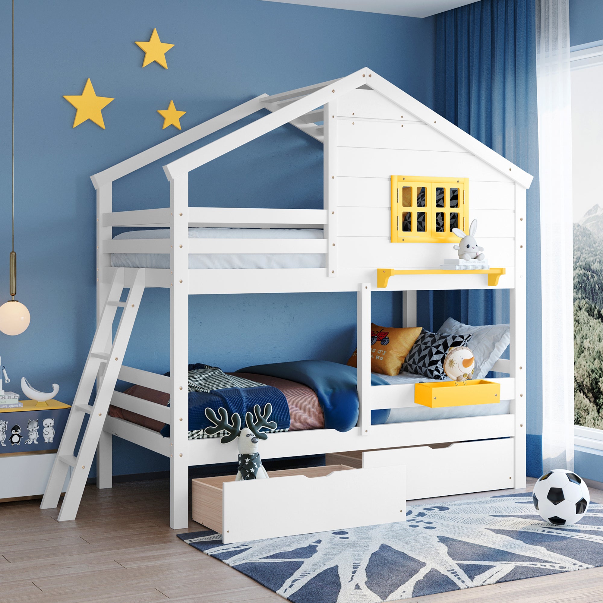Twin over Twin Bunk Bed with 2 Drawers, 1 Storage Box, 1 Shelf, Window and Roof-White(OLD SKU:LT000608AAK) - Atlantic Fine Furniture Melbourne FL