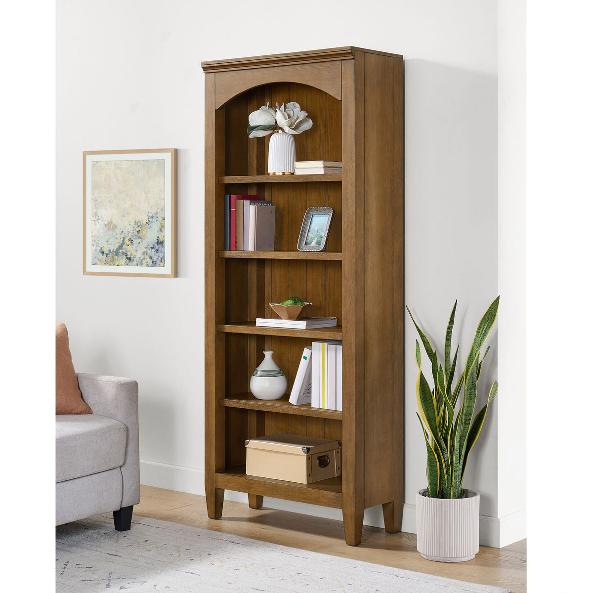 Portico Open Bookcase in Brown Oak by Elements International, view 5