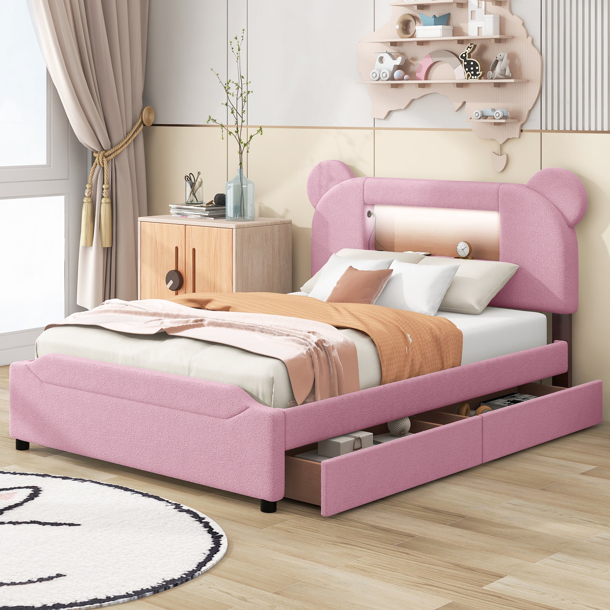 Full Size Upholstered Storage Platform Bed with Cartoon Ears Headboard, LED and USB, Pink - Atlantic Fine Furniture Melbourne FL