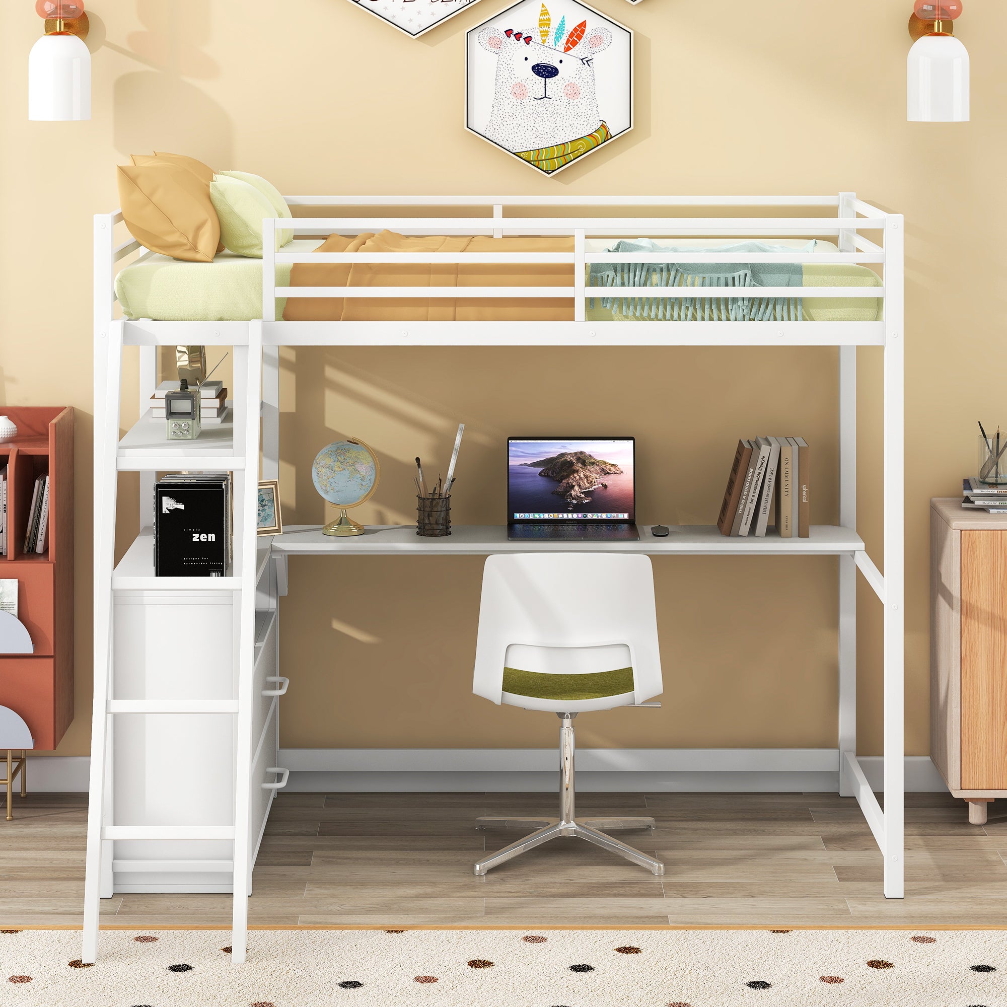 Twin Size Metal&Wood Loft Bed with Desk and Shelves, Two Built-in Drawers, White - Atlantic Fine Furniture Melbourne FL