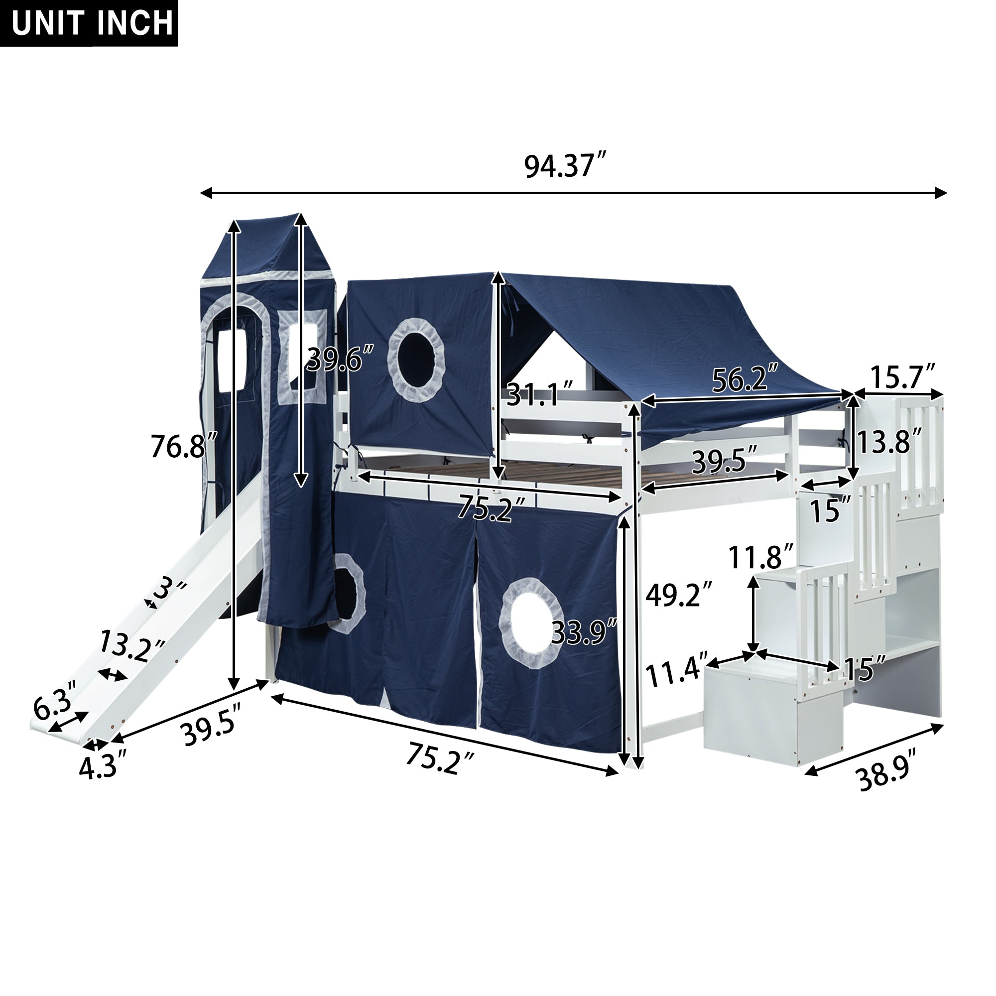 Full Size Loft Bed with Tent and Tower - Blue - Atlantic Fine Furniture Melbourne FL
