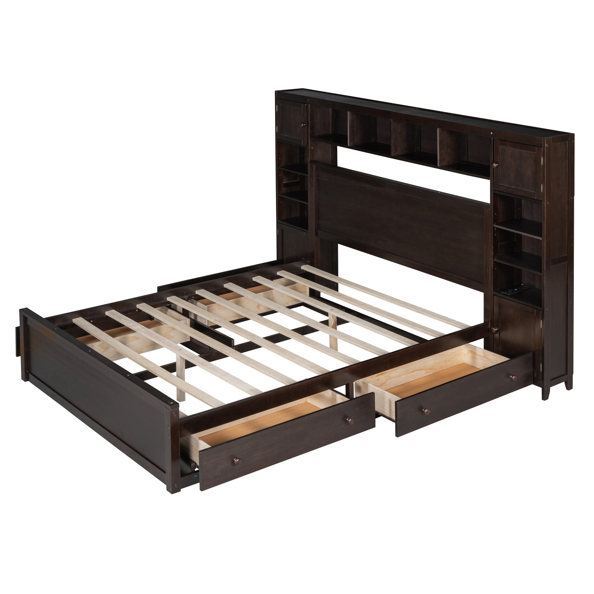 Queen Size Wooden Bed With All-in-One Cabinet, Shelf and Sockets, Espresso - Atlantic Fine Furniture Melbourne FL