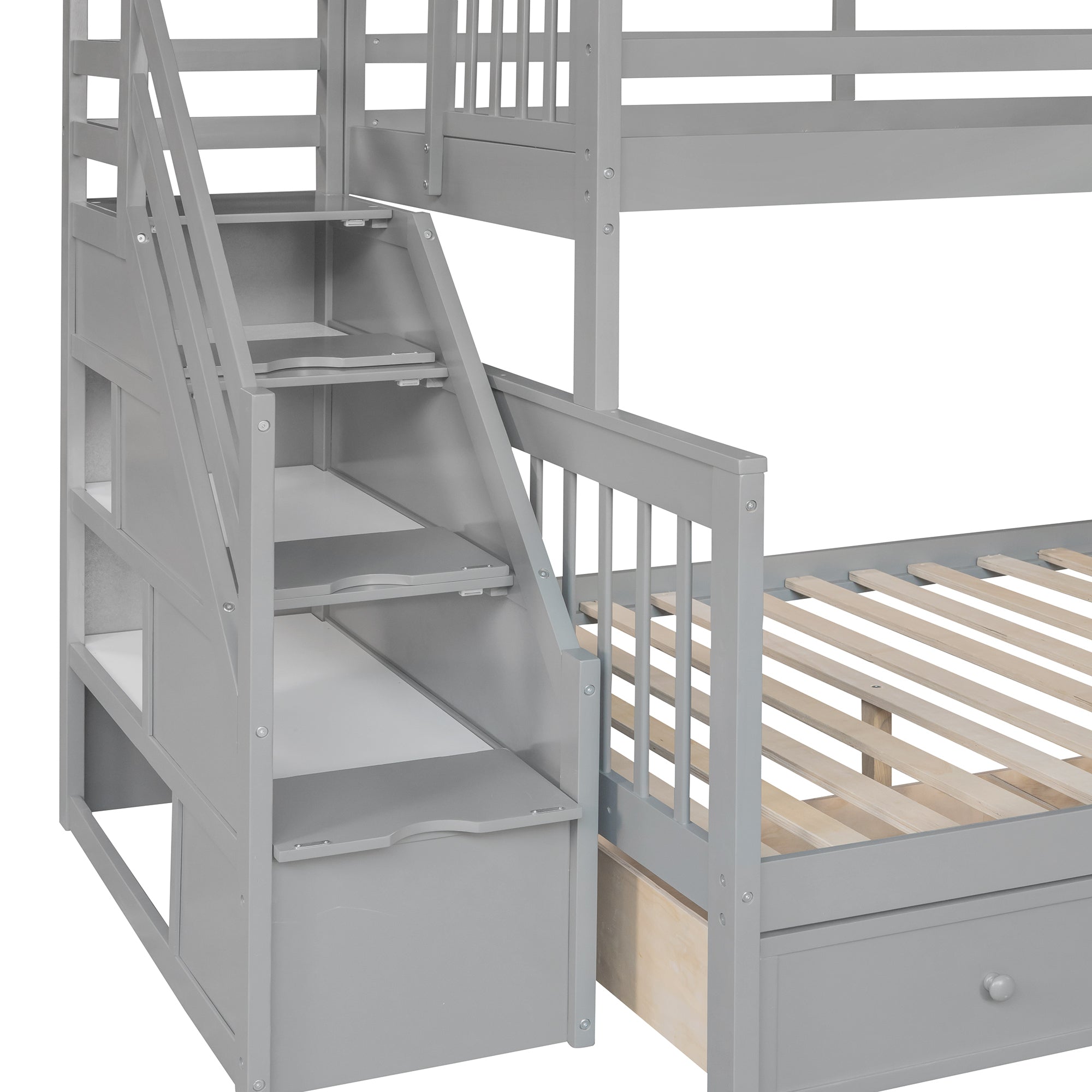 Twin over Full L-Shaped Bunk Bed With 3 Drawers, Ladder and Staircase - Gray - Atlantic Fine Furniture Melbourne FL