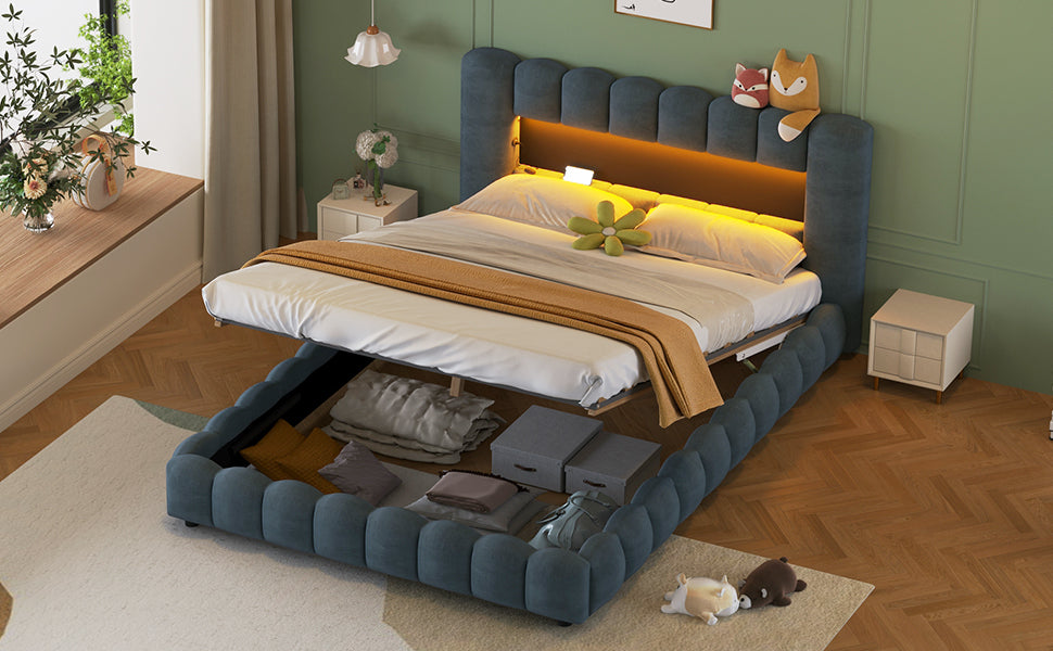 Queen Size Upholstered Platform Bed with LED Headboard and USB, Deep Blue - Atlantic Fine Furniture Melbourne FL