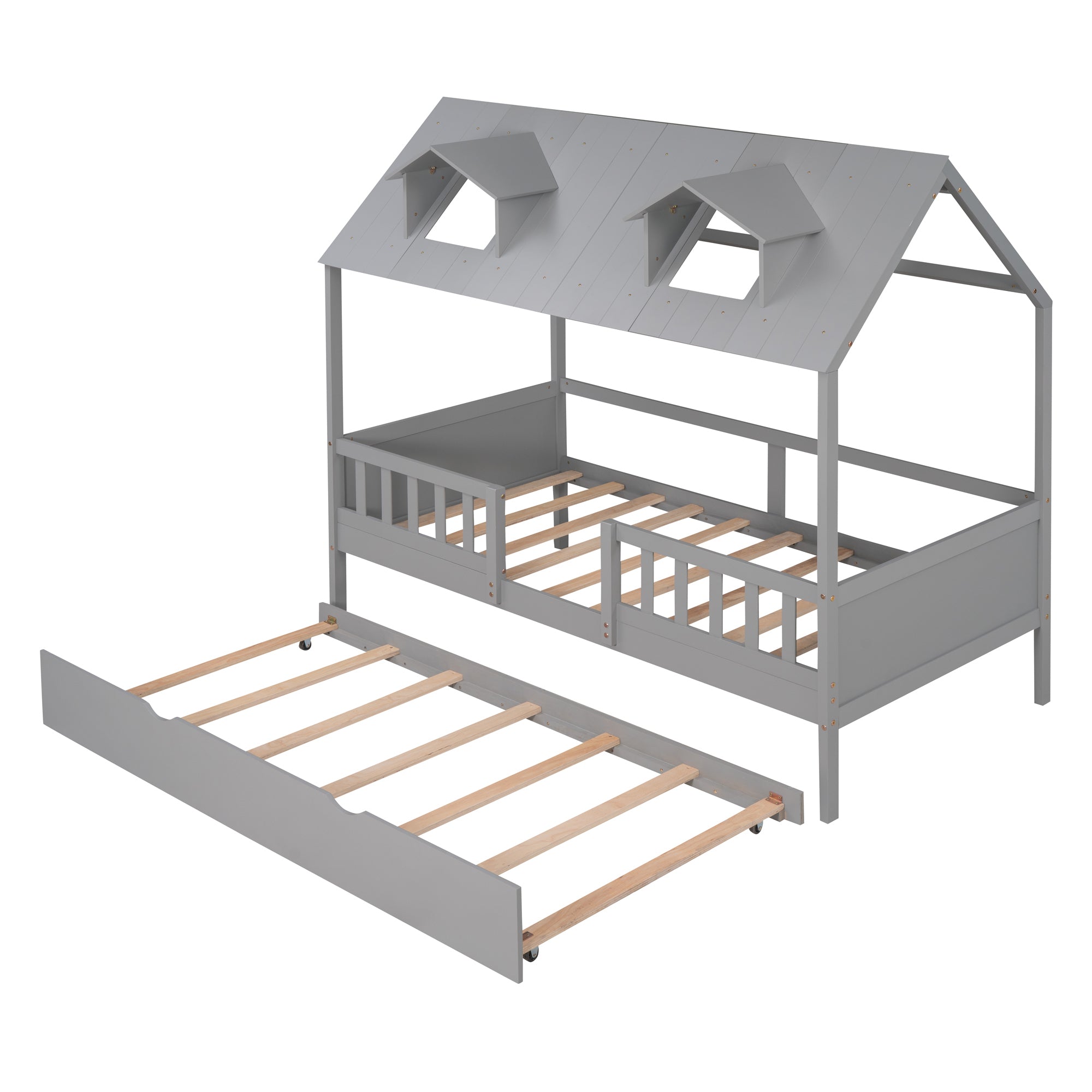 Twin Size House Bed Wood Bed with Twin Size Trundle ( Gray ) - Atlantic Fine Furniture Melbourne FL