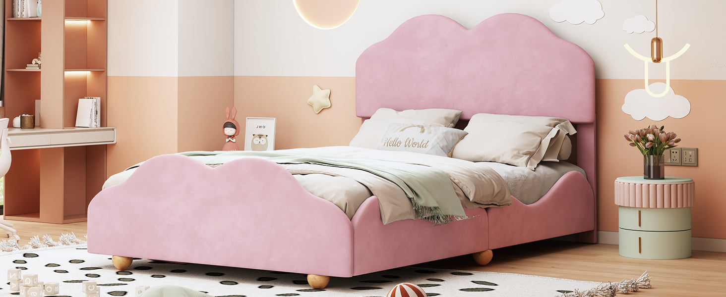 Full Size Upholstered Platform Bed with Cloud Shaped bed board, Light Pink - Atlantic Fine Furniture Melbourne FL