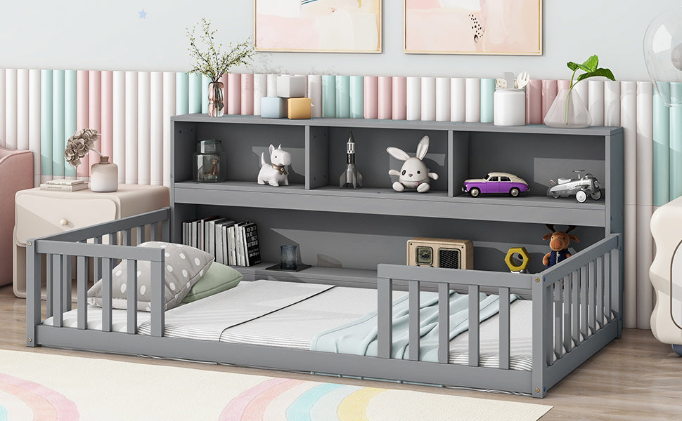 Twin Floor Bed with Bedside Bookcase,Shelves,Guardrails,Grey