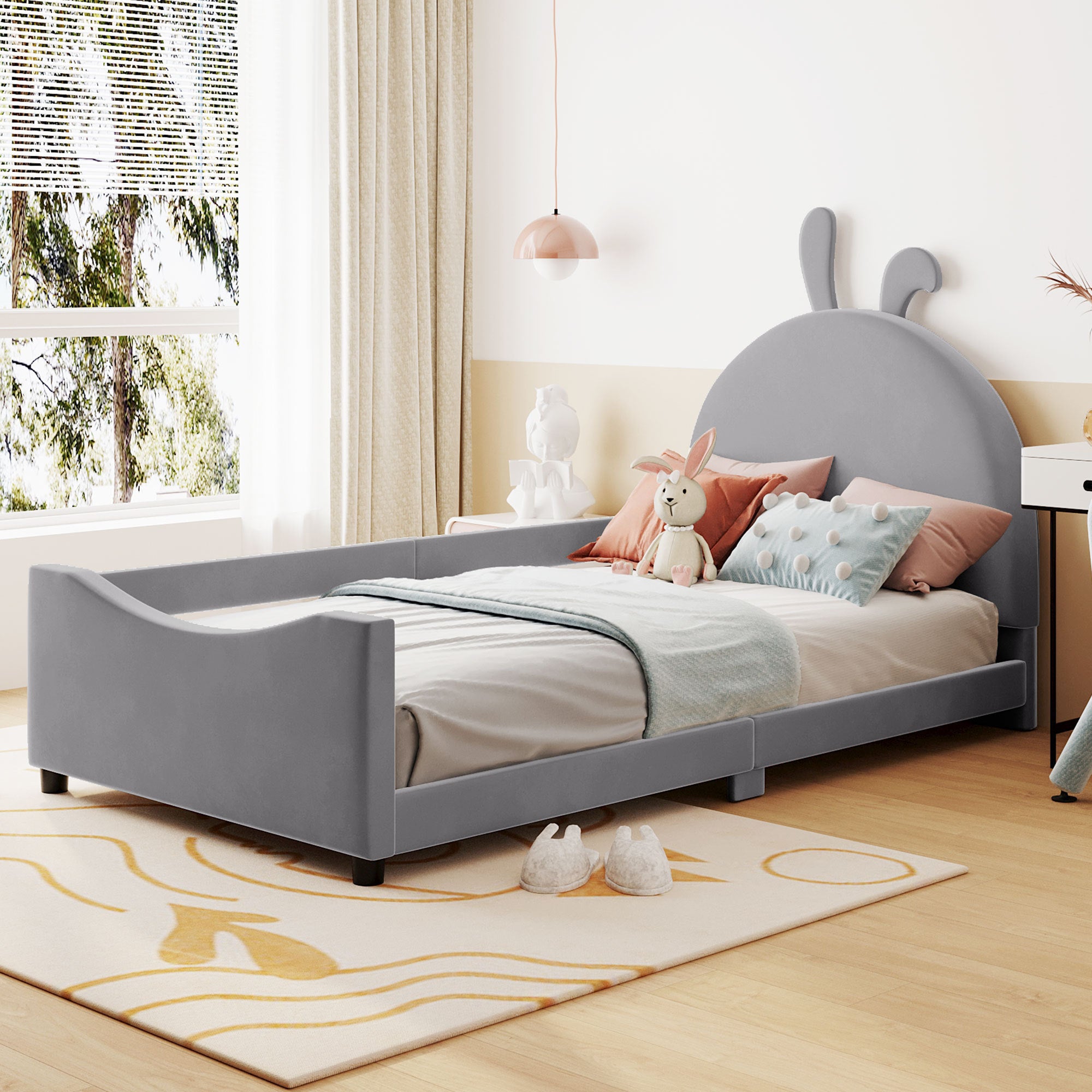 Twin Size Upholstered Daybed with Rabbit Ear Shaped Headboard, Gray - Atlantic Fine Furniture Melbourne FL