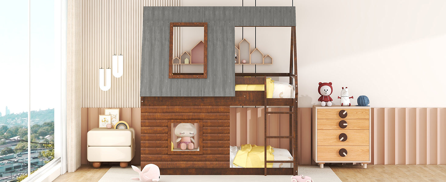 Wood Twin Size House Bunk Bed with Roof, Ladder and 2 Windows, Oak & Smoky Grey - Atlantic Fine Furniture Melbourne FL