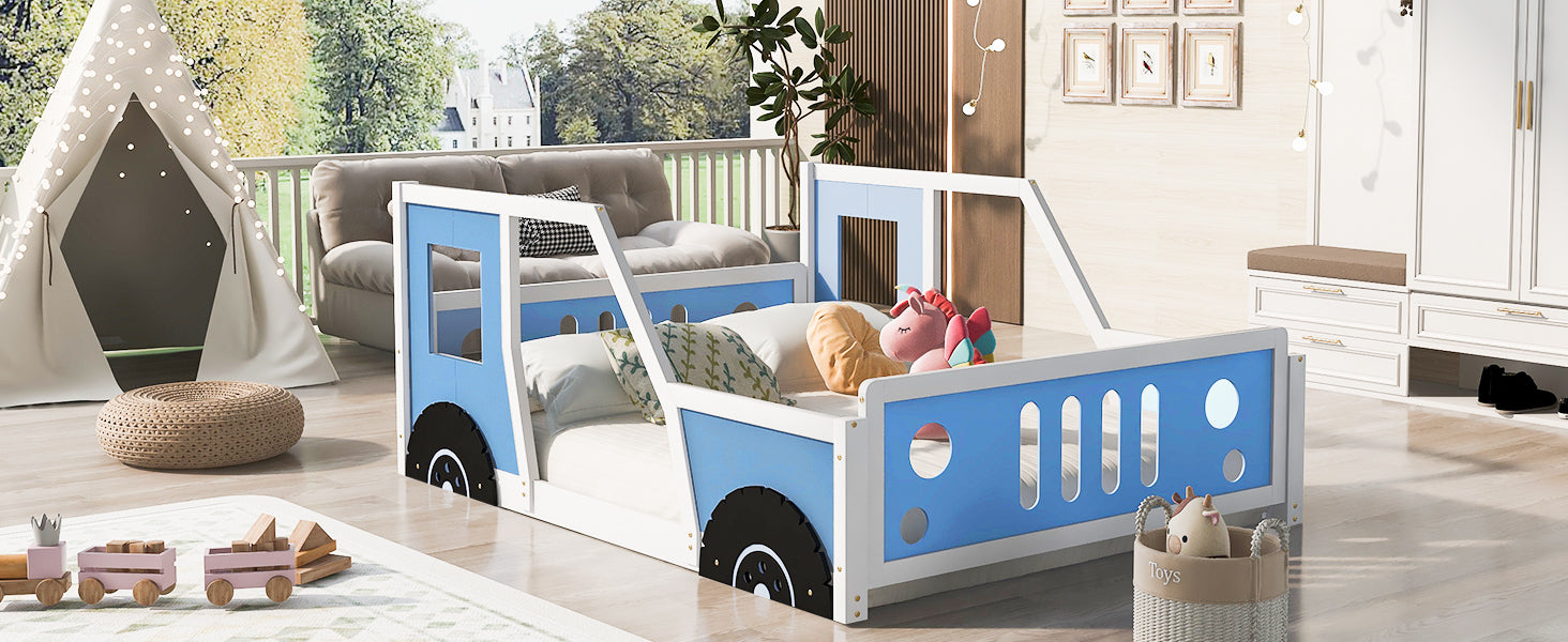 Full Size Classic Car-Shaped Platform Bed with Wheels,Blue - Atlantic Fine Furniture Melbourne FL