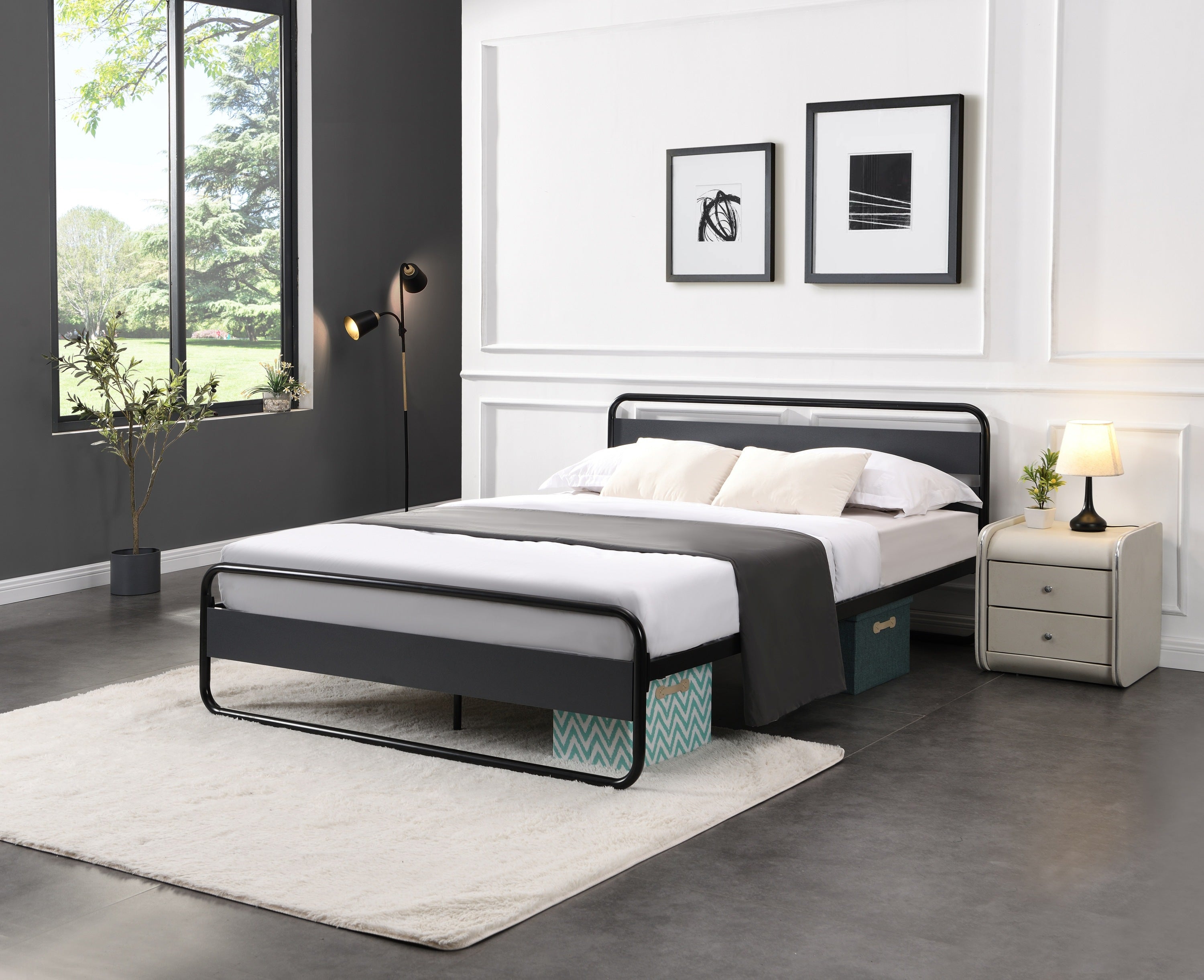Industrial Platform Queen Bed Frame/Mattress Foundation with Rustic Headboard and Footboard, Strong Steel Slat Support, No Box Spring Needed, Noise Free, Easy Assembly - Atlantic Fine Furniture Melbourne FL