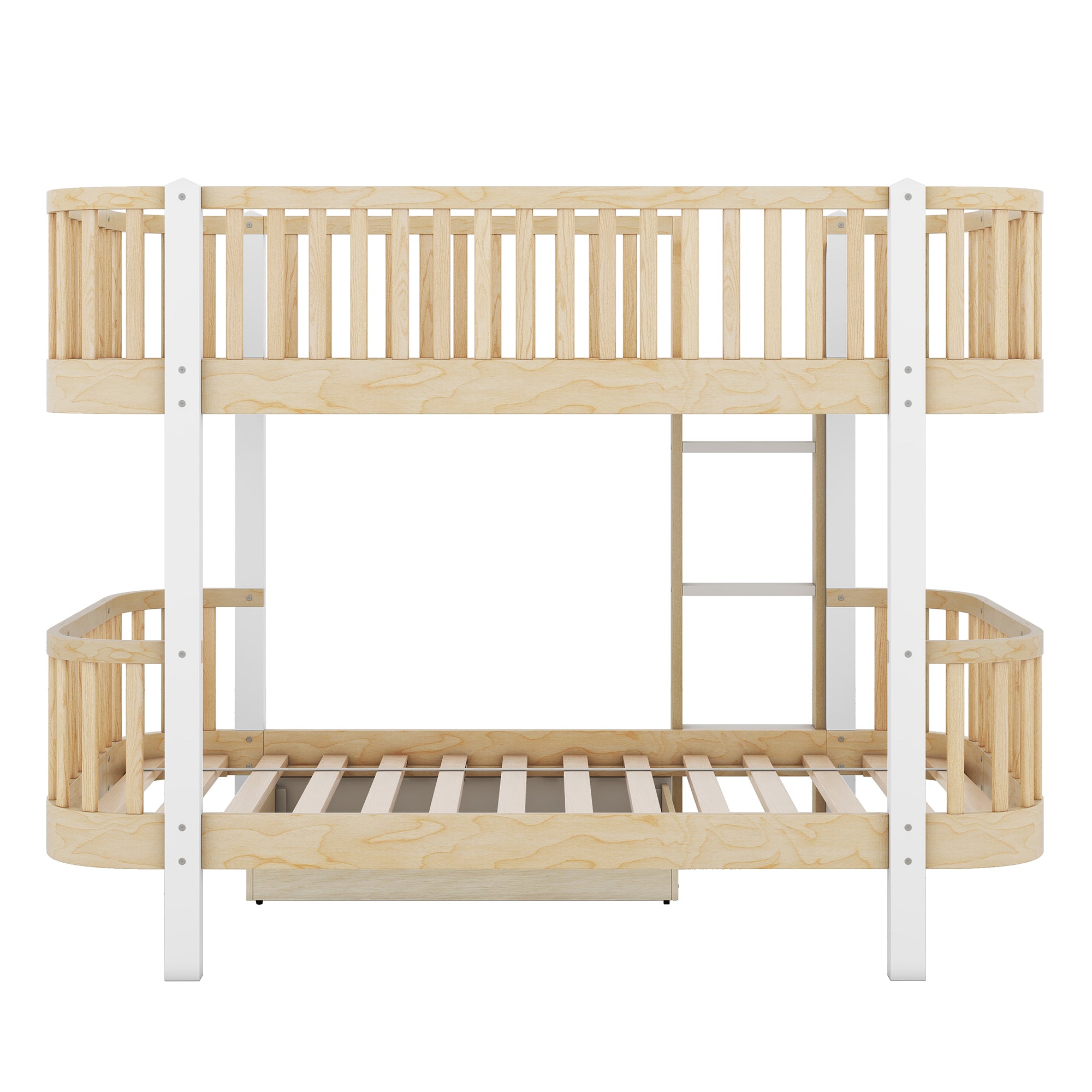 Wood Twin over Twin Bunk Bed with Fence Guardrail and a Big Drawer, Natural White - Atlantic Fine Furniture Melbourne FL