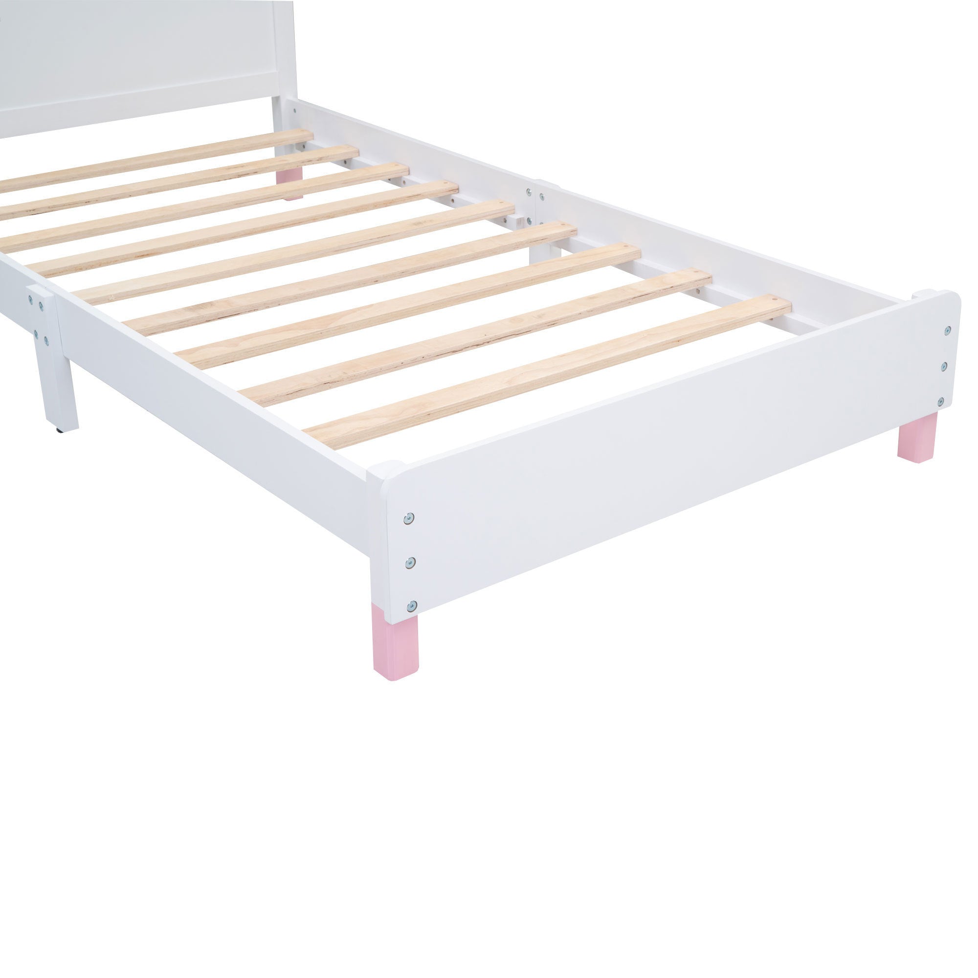 Twin Size Wood Platform Bed with House-shaped Headboard (White+Pink)